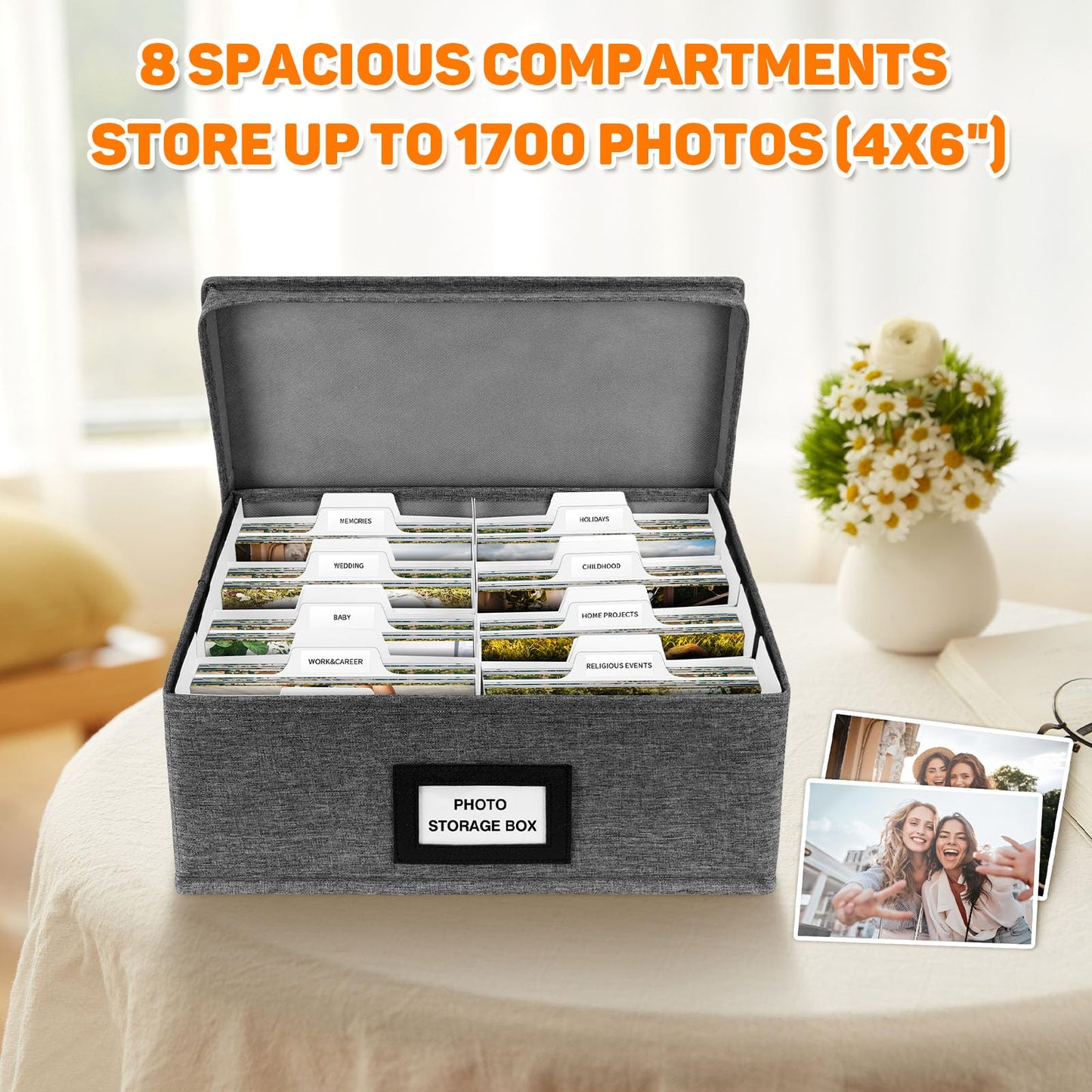 Photo Storage Box with Lid, Photo Organizer Box Fits Holds Up to 1700 and 4x6 Pictures, with 8 Adjustable Dividers, 60 Labels, Photo Album Box for Envelopes, Scrapbooking, Recipes,Cards, Stamps