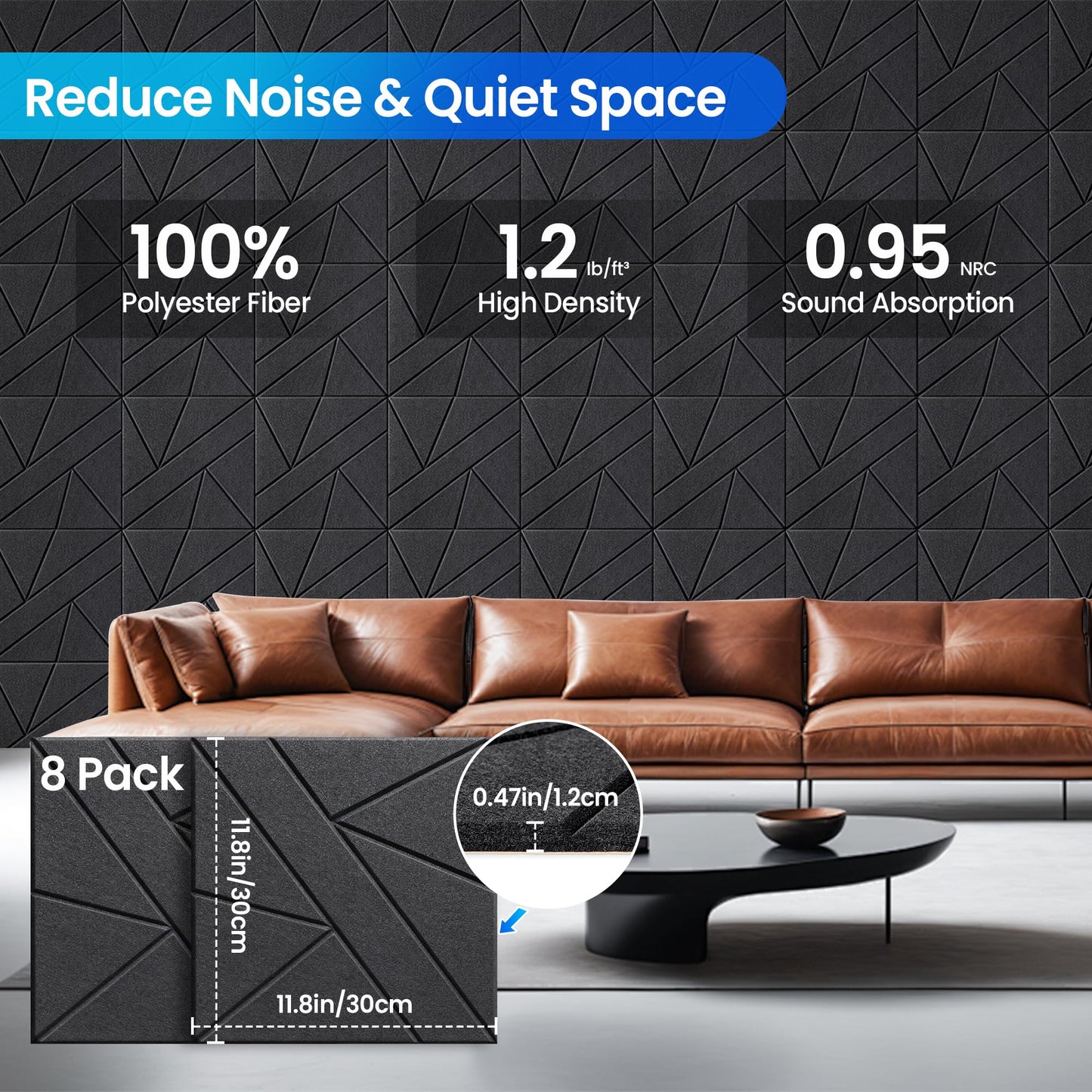 Self-Adhesive Soundproof Wall Panels, High Density, Thicker Acoustic Panels, Noise Dampening Panels Studio Black (8 Pack)