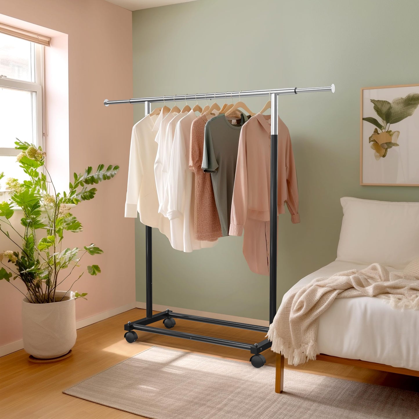 Simple Houseware Standard Rod Garment Rack - Extendable Single Rail Rolling Clothing Organizer for Bedroom, Laundry, Living Room, Black