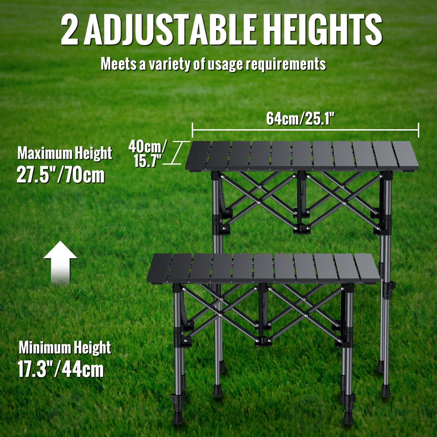 GARLLEN Folding Camping Table Max Height 70cm, Portable Roll-up Picnic Table with 2 Adjustable Height, Aluminum Outdoor Table with Storage Net & Carrying Bag for Camping, Picnic, BBQ, L25.2 x W15.7
