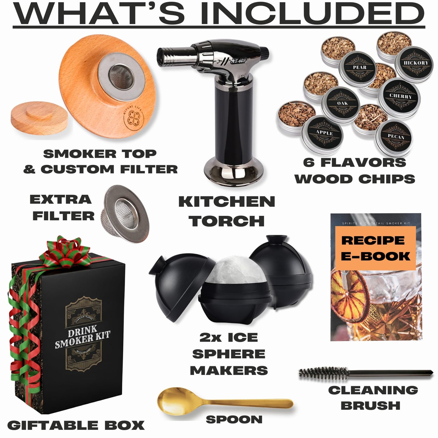 Whiskey Smoker Kit - Cocktail Smoker with Torch, 2 Ice Ball Makers, 6 Flavors Wood Chips, 2 Custom Burn Guard Filters - Old Fashioned Smoker Kit - Drink Smoke Infuser - Fumoir a Whisky