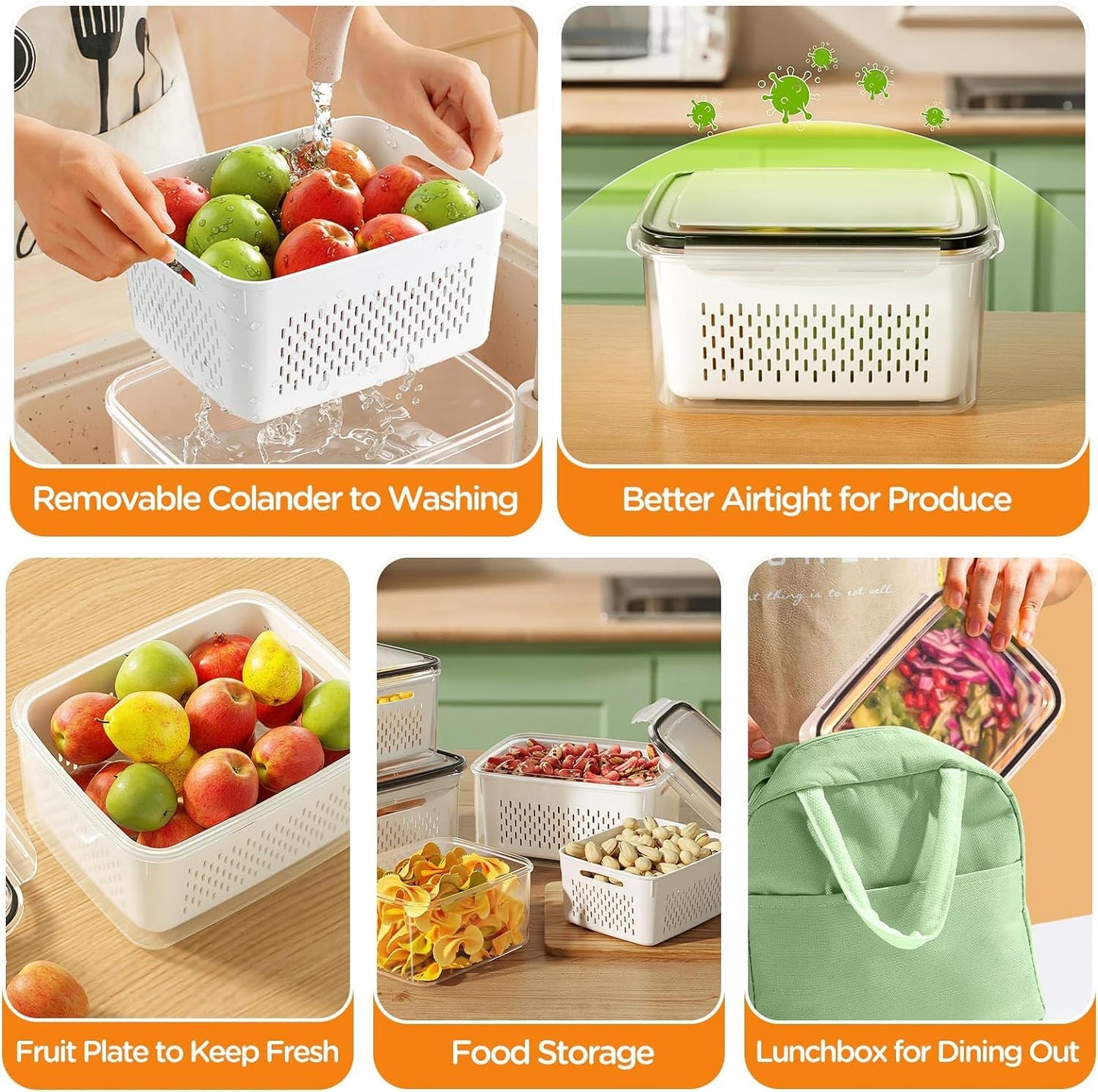 JSCARES 5-Pack Fruit Storage Containers for Fridge with Removable Colanders, 5 in 1 Plastic Fresh Saver Containers BPA Free with Lid for Salad Berry Lettuce Vegetables Meat Keeper (5 Pack)
