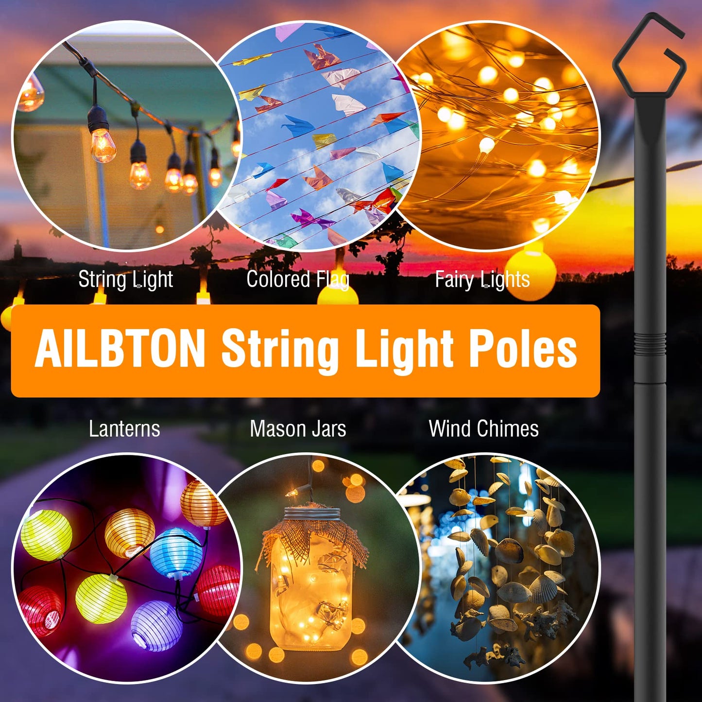 AILBTON 2 Pack 10Ft String Light Poles,Light Poles for Outside String Lights,Outdoor Light Poles with Fence Brackets for Hanging String Lights,Metal Poles Stand for Deck Patio Backyard