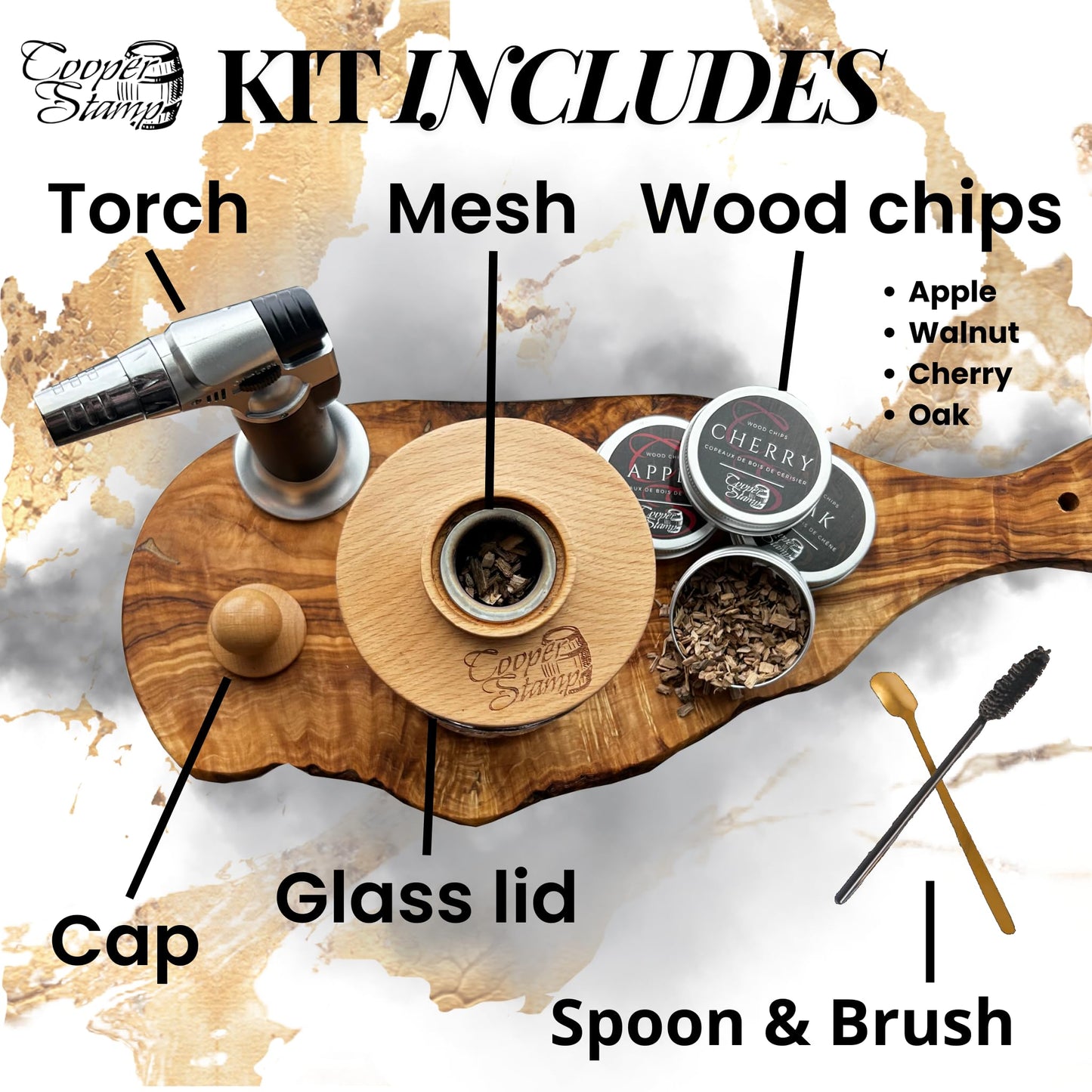 COOPER STAMP Cocktail Smoker Kit - Old-Fashioned Drink Smoker with Torch - 4 Kinds of Wood Chips for Men, Dad, Husband, Brother or Whiskey/Bourbon Lover - Butane not Included