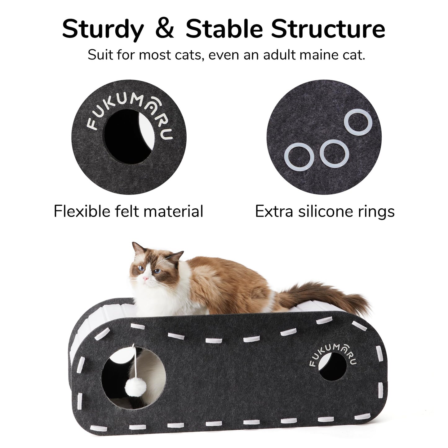 FUKUMARU Cat Beds for Indoor Cats, Large Cat Cave for Multi-Pet Up to 22Lbs, Foldable Cat House with Fluffy Ball Hanging, Scratch Resistant Felt Cat Hideaway, 31.5x11.2x11.6 inches, Black and White