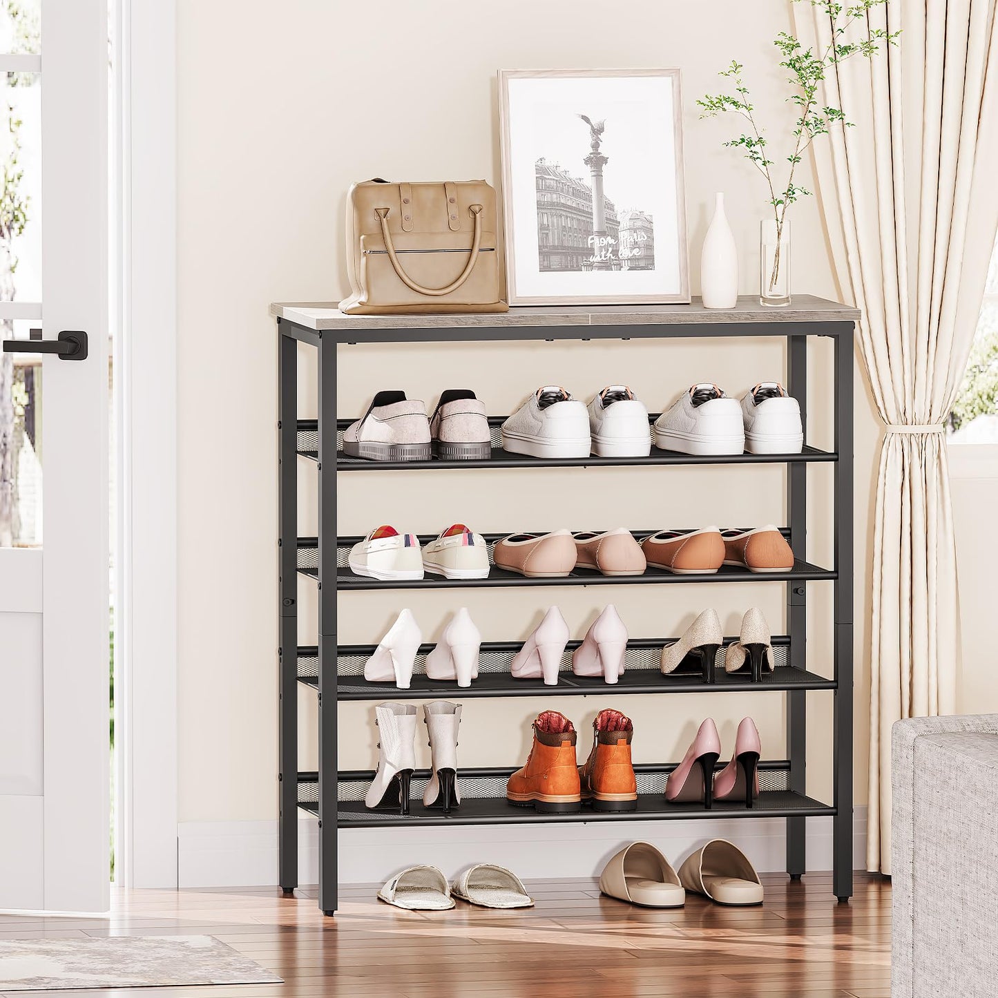 HOOBRO Shoe Rack for Entryway, 5-Tier Shoe Organizer with Adjustable Mesh Shelves, 16-20 Pairs of Shoes, Durable Spacious Freestanding, Metal, Industrial, Shoe Shelf for Closet, Greige BG12XJ01