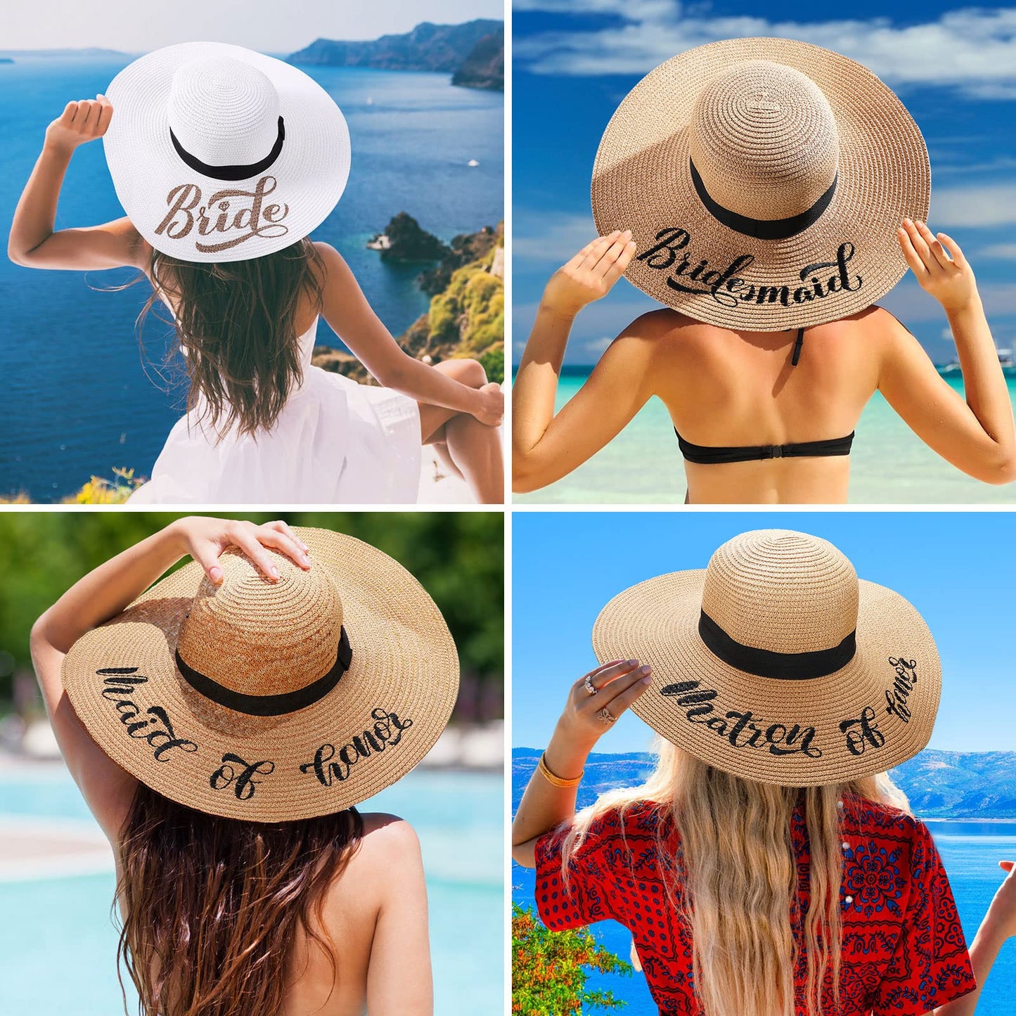 Geyoga 7 Pcs Bride and Bridesmaid Sun Hat Bulk Foldable Floppy Women Hat for Bachelorette Party Gift Honeymoon(Cute Style)
