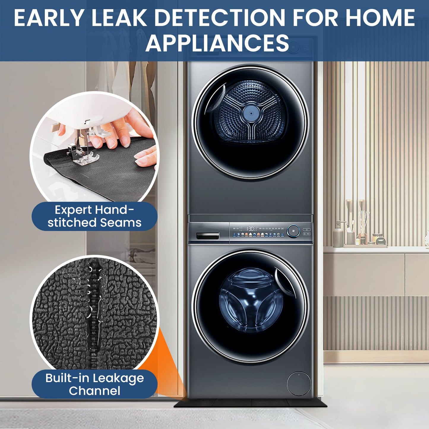 Under Washing Machine Mat , 7mm Thick Rubber Washer Dryer Mat 62.9x29.5 inches, Anti Vibration Mat Sound Absorbing Foldable PVC Mats for Floor Protection, Non-Slip Waterproof Cut-to-Fit