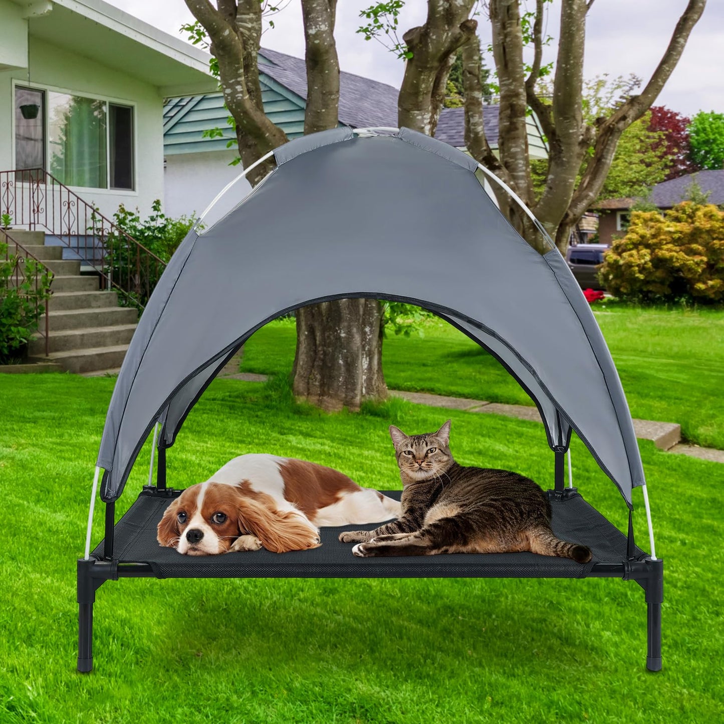 MYFULLY Elevated Dog Bed with Removable Sun Shade Canopy Portable Outdoor Pet Cot for Small and Medium Breeds, Waterproof Elevated Dog Bed for Camping, Backyard or Indoor Use