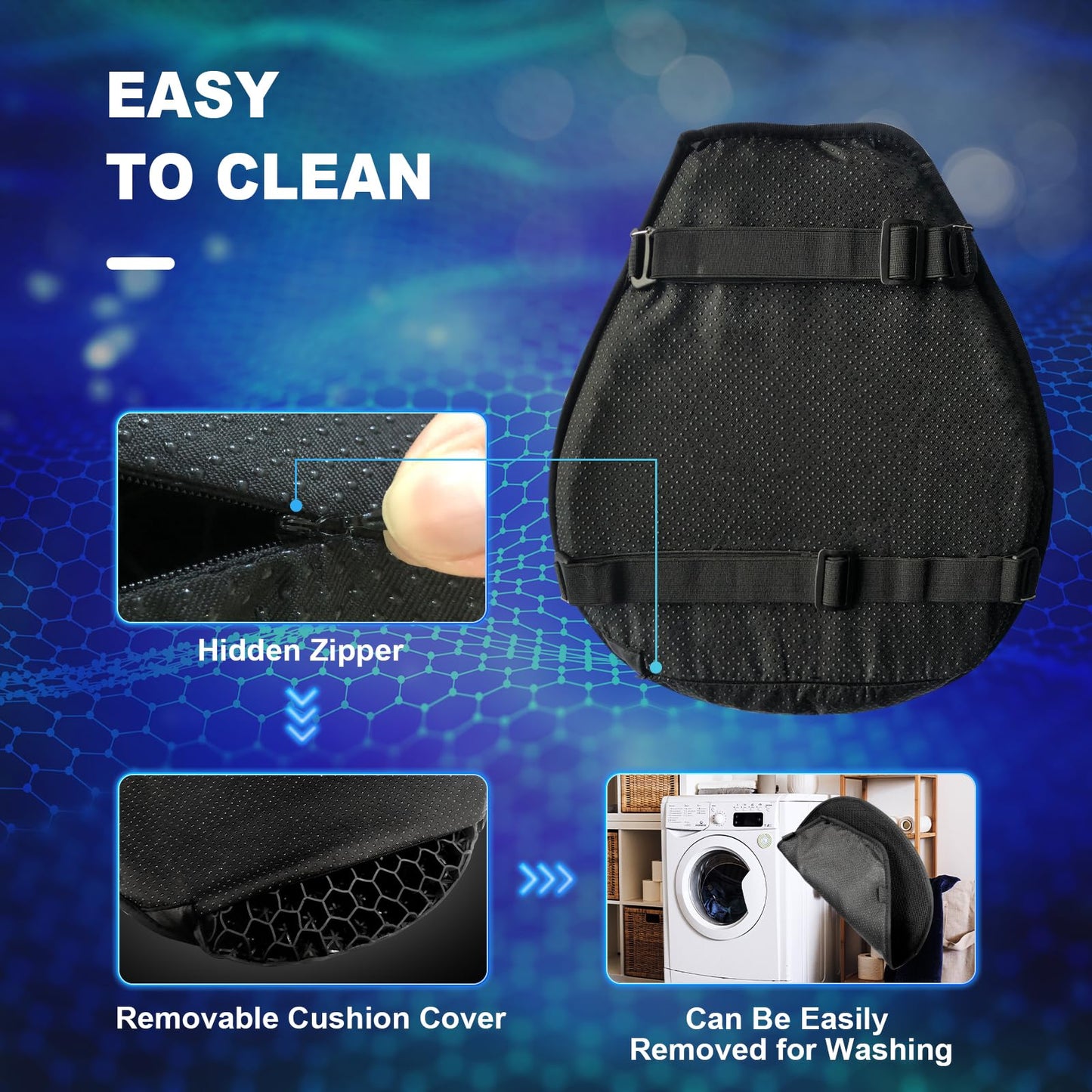 Motorcycle 3D Honeycomb Shock-Absorbing seat Cushion & Cushion Cover, Hollow and Breathable, Hel Material is Compressive, Non-Breaking, Non-Hardening, Soft and Comfortable