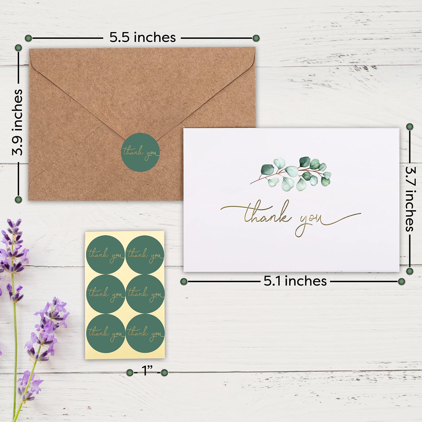 100 Heavyweight Blank Thank You Cards with Envelopes for a Personal Touch, Eucalyptus Thank You Card for Any Occasion, Wedding, Bulk Pack Card with Envelopes & Stickers (3.7 x 5.1 Inches) (100 Pack)