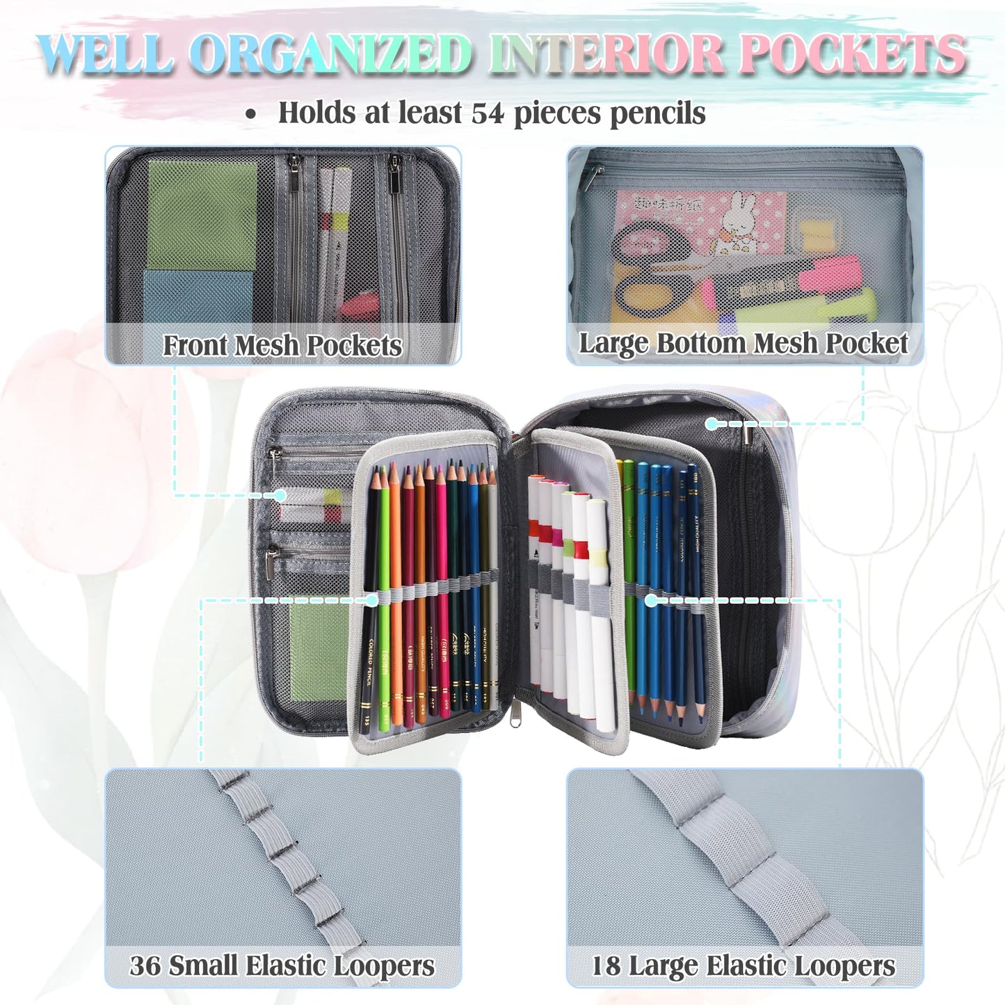Pencil Case, VONXURY Large Capacity Pencil Pouch Holder Portable Pen Organizer with 2 Detachable Layers 54 Slots Multiple Zipper Bag for School Office College