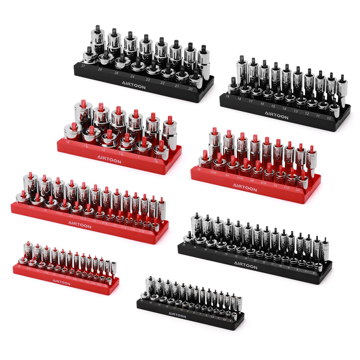 AIRTOON 8-Piece Socket Organizer Trays, SAE and Metric Socket Tray Set, 1/4", 3/8", and 1/2" Drive Deep and Standard Socket Holders Organizers for Toolbox, Black & Red