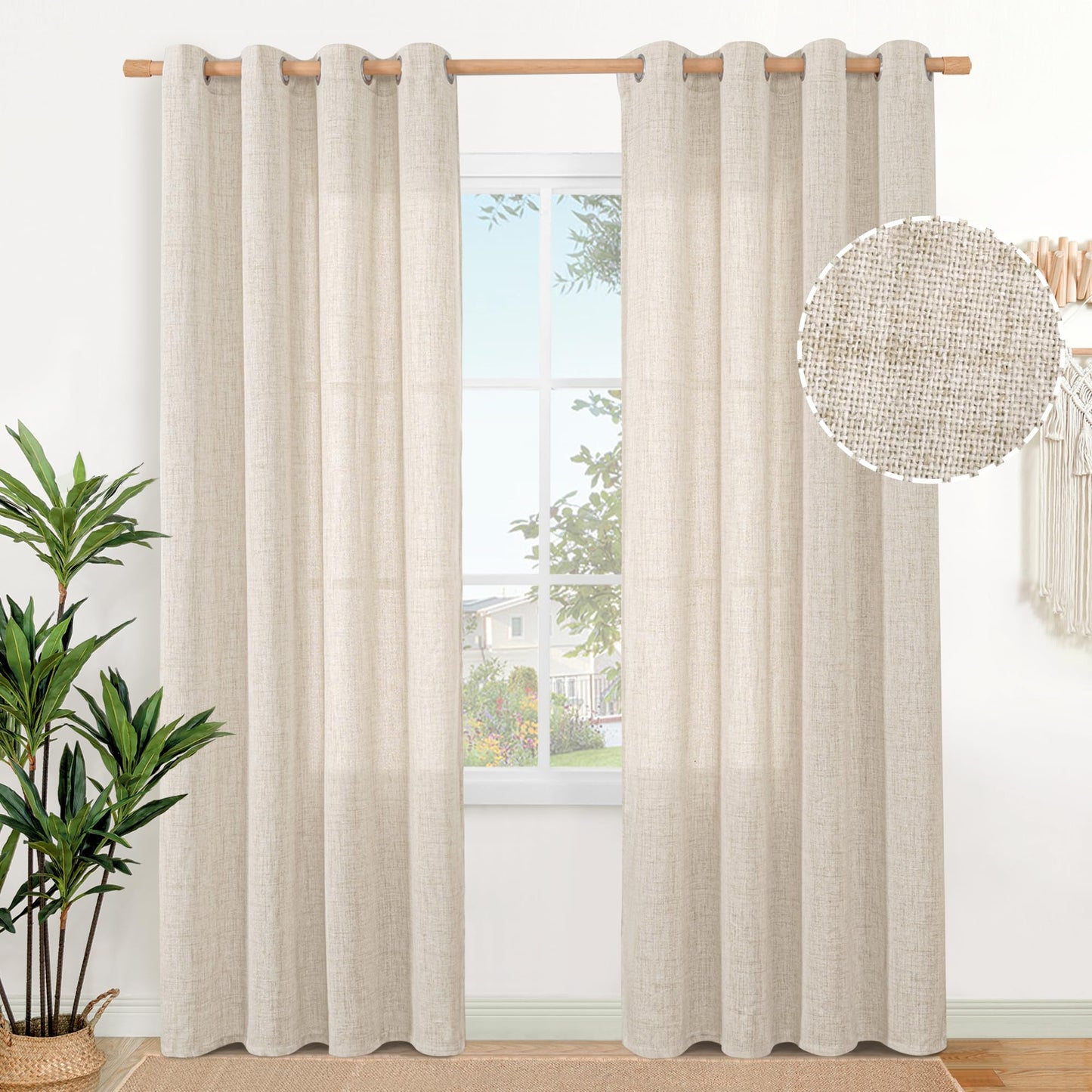 YoungsTex Natural Linen Curtains 84 Inch Long for Living Room Bedroom Grommet Top Light Filtering Privacy Linen Textured Window Semi Sheer Drapes, Birch, 2 Panels, 52x84 Inch