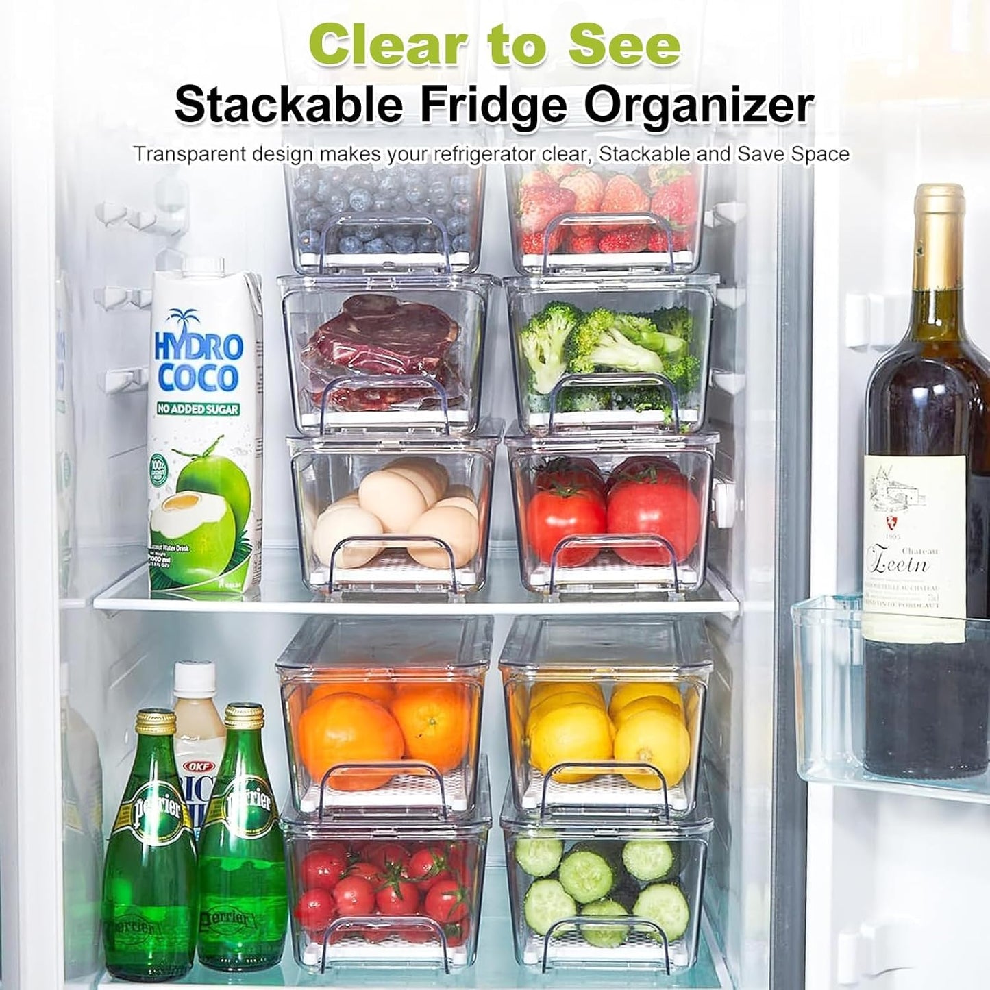 Brippo 4-Pack Refrigerator Drawer Organizer Bins, Clear Stackable Pull Out Fridge Organizers and Storage Container, Fridge Drawers with Strainer Layer for Fruits, Vegetables and Drinks