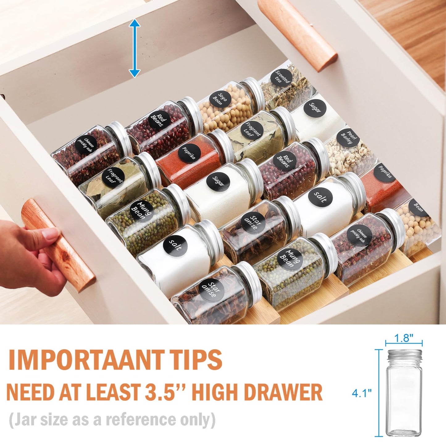DEWVIE Bamboo Spice Rack for Drawer - Adjustable 4 Tier Spice Rack Drawer Organizer for Kitchen Cabinet Drawer Storage, Expandable 13" to 26"