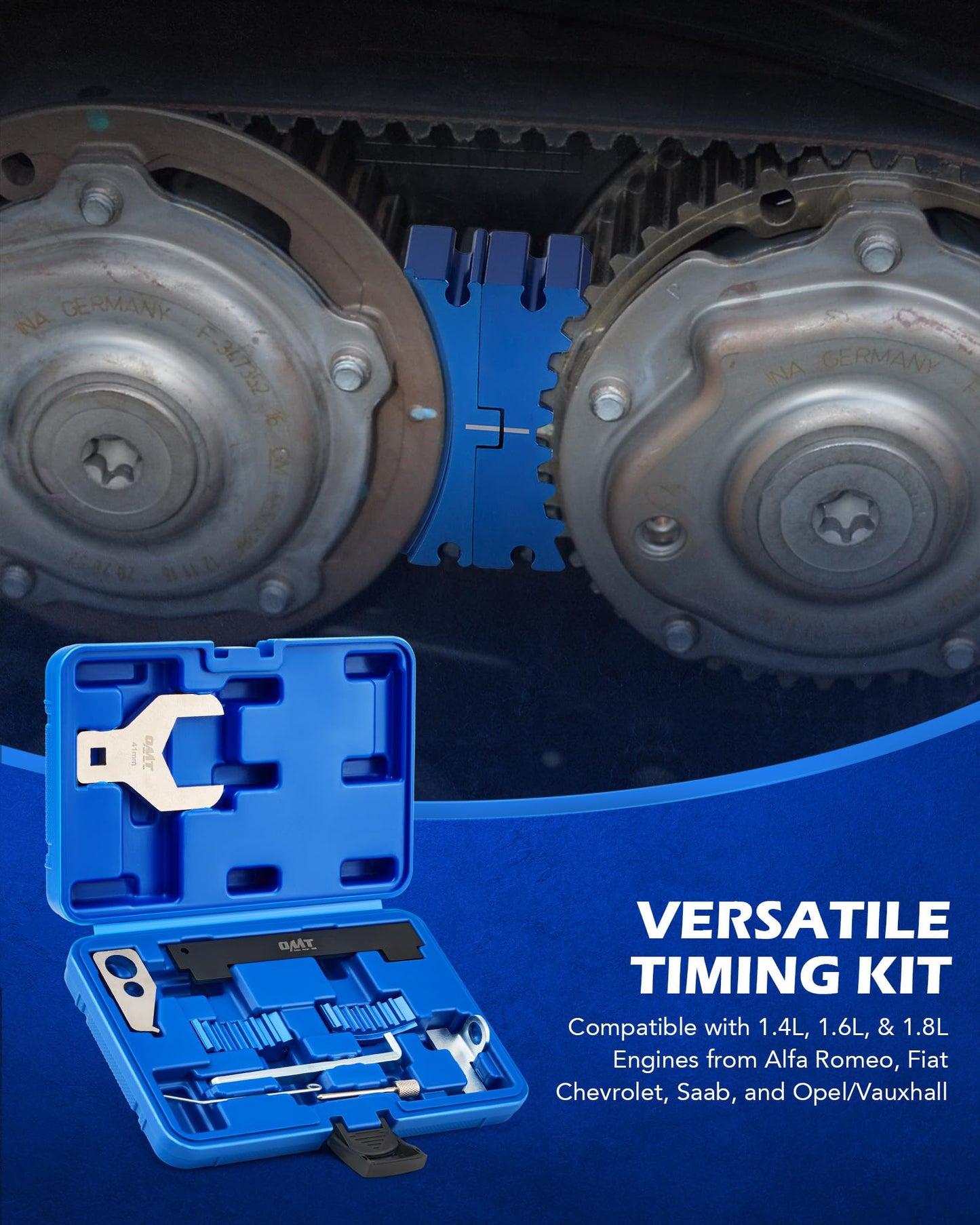 Orion Motor Tech Engine Camshaft Tensioning Locking Alignment Timing Belt Tool Kit with Water Pump Wrench, Compatible with Aveo Chevy Cruze Fiat Alfa Romeo 1.4 1.6 1.8 L Engines, 9 PCS