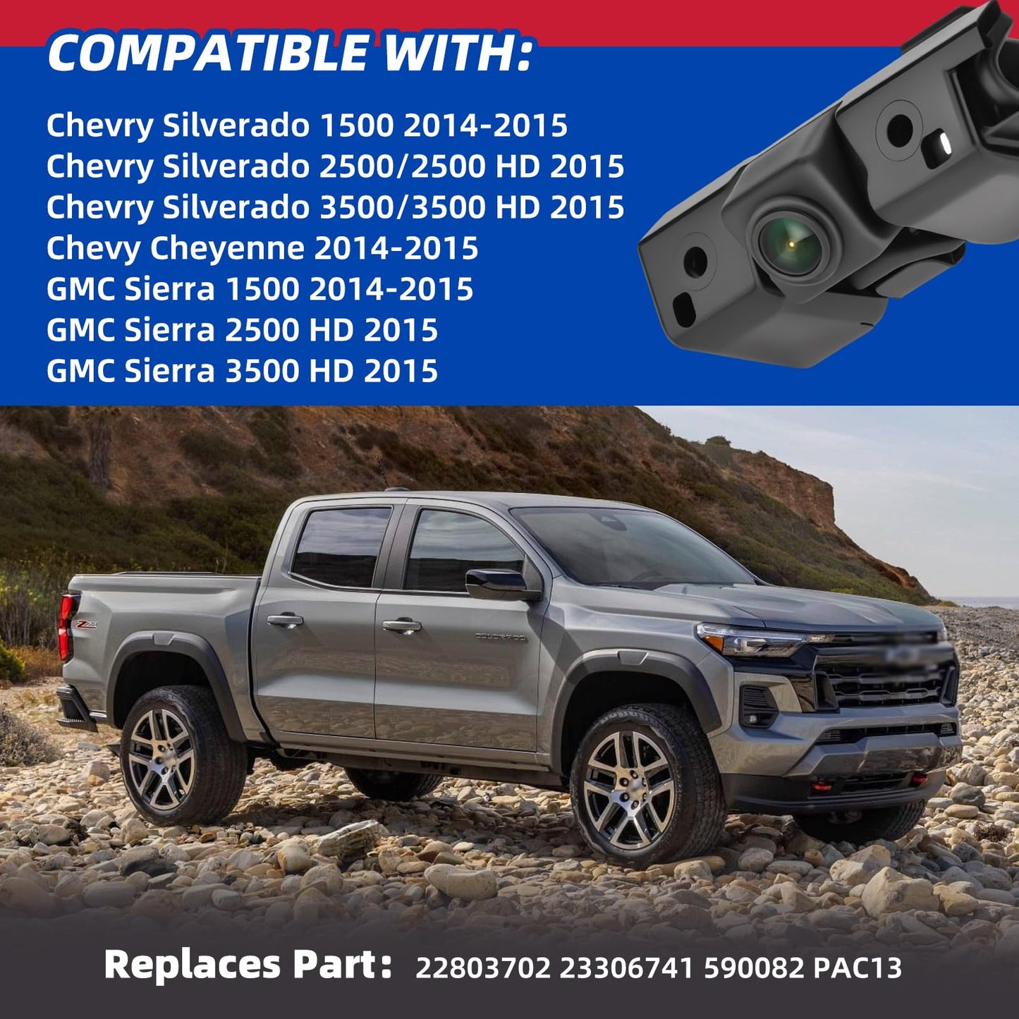Backup Camera Rear View Camera Compatible with 2014 2015 Chevy Silverado Cheyenne GMC Sierra 1500 2500 HD 3500 HD Replaces # 22803702 23306741