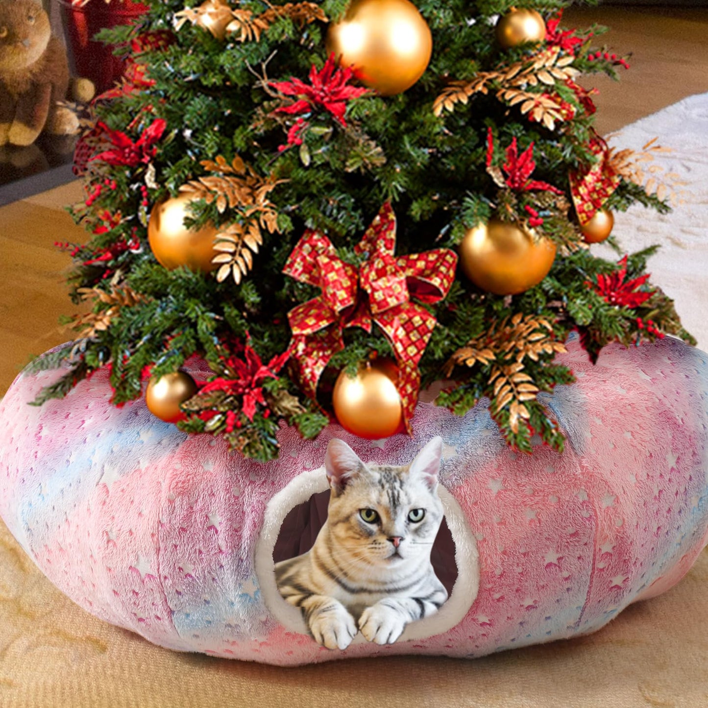 AMYLALA Large Cat Tunnels Bed Tube for Indoor Cats Glows in The Dark Cat Tunnel with Cushion and Plush Ball Toy Longer Playground Toys for Dog Puppy Kitten Rabbit Bunnies Ferret Pet Rainbow