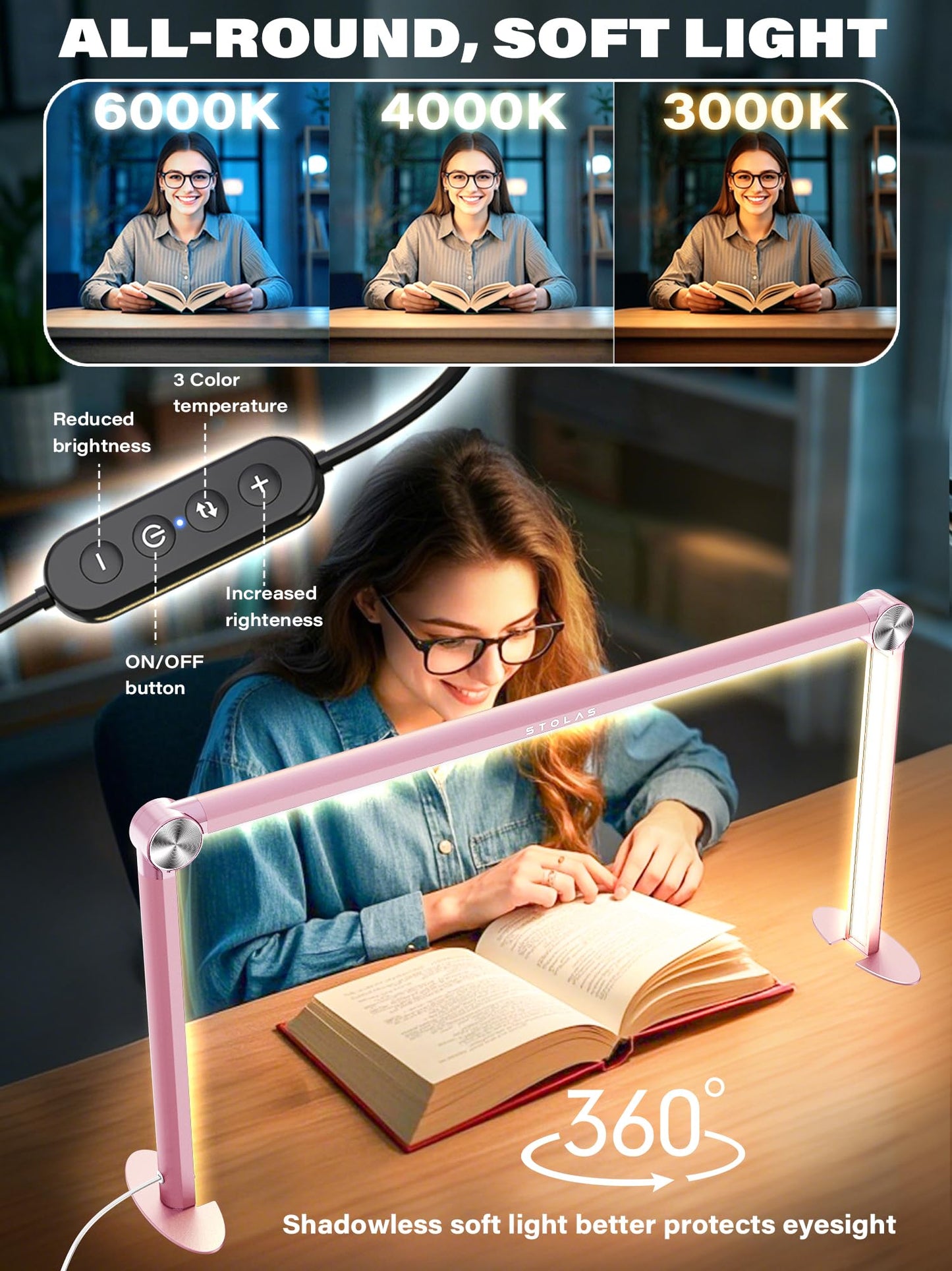 STOLAS Nail Lamp for Desk with Phone Holder, 14 inch Height 3 Modes 3000K-6000K Dimmable LED Light, Desk Lamp for Nail Tech (Pink)