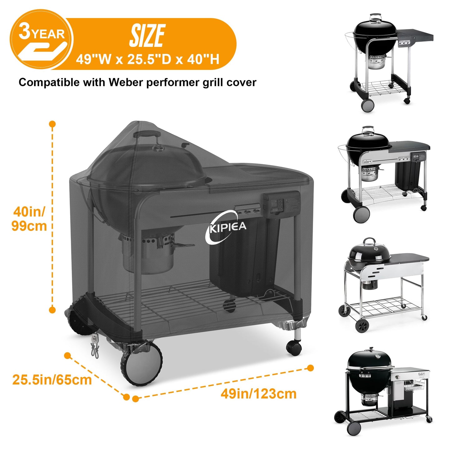 Kipiea 500D Heavy Duty Grill Cover for Weber 22 Inch Premium Charcoal and Smart Charcoal Grill - Performer Grill Cover with 4 Buckles, Wind Resistant Anti UV & No Tears (49" W X 25.5" D X 40" H)