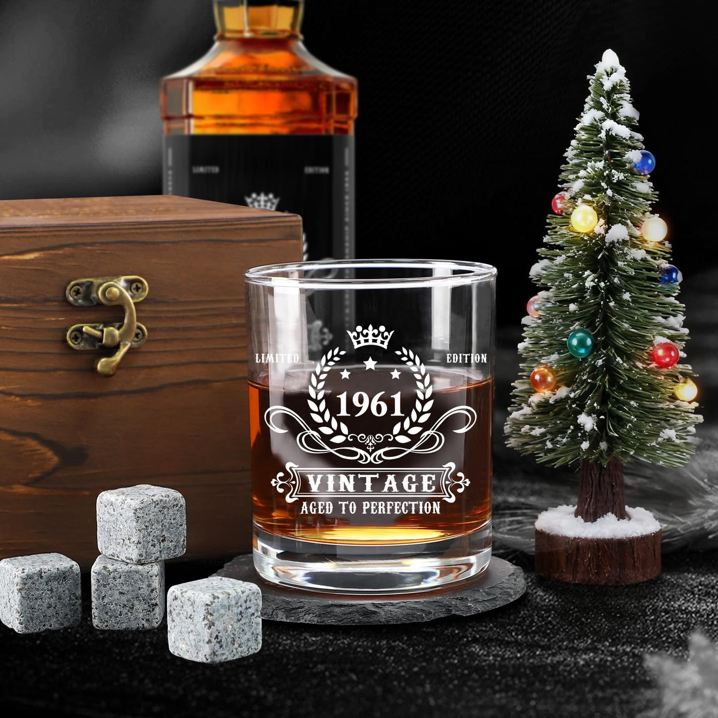 65th Birthday Gifts for Men, Cool 65th Birthday Decorations for Men, 65 Year Old Gifts for Man Who Have Everything, 1961 65th Birthday Gift Baskets for Man Whiskey Glass Baseball Cap Socks Stones