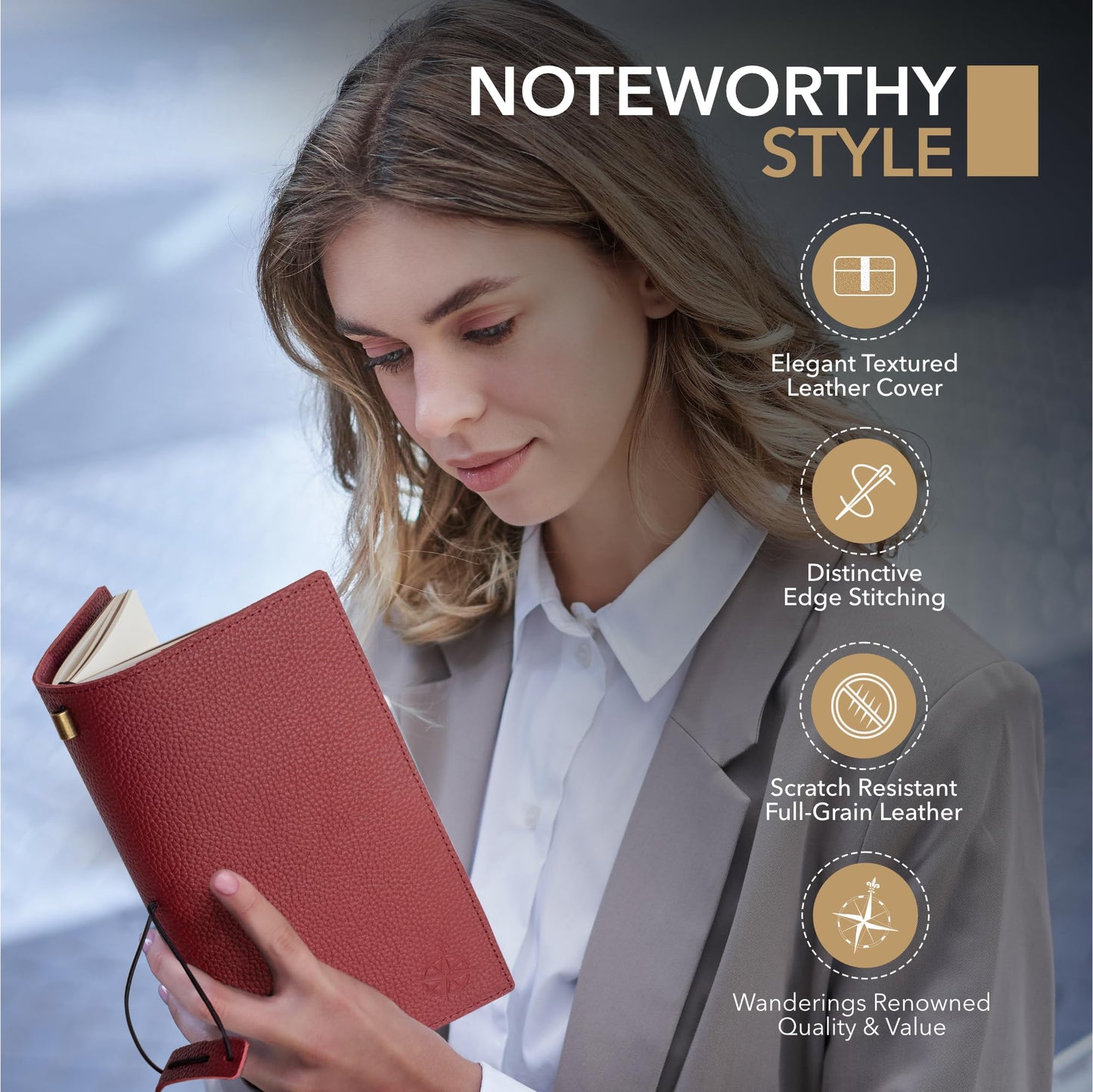 Wanderings Regular Size Travelers Notebook with Pockets - 4.75" x 8.5" (12 x 22cm) - Refillable Travelers Journal - Beautifully Handcrafted, Red Leather Journal, includes 100 GSM Blank Inserts