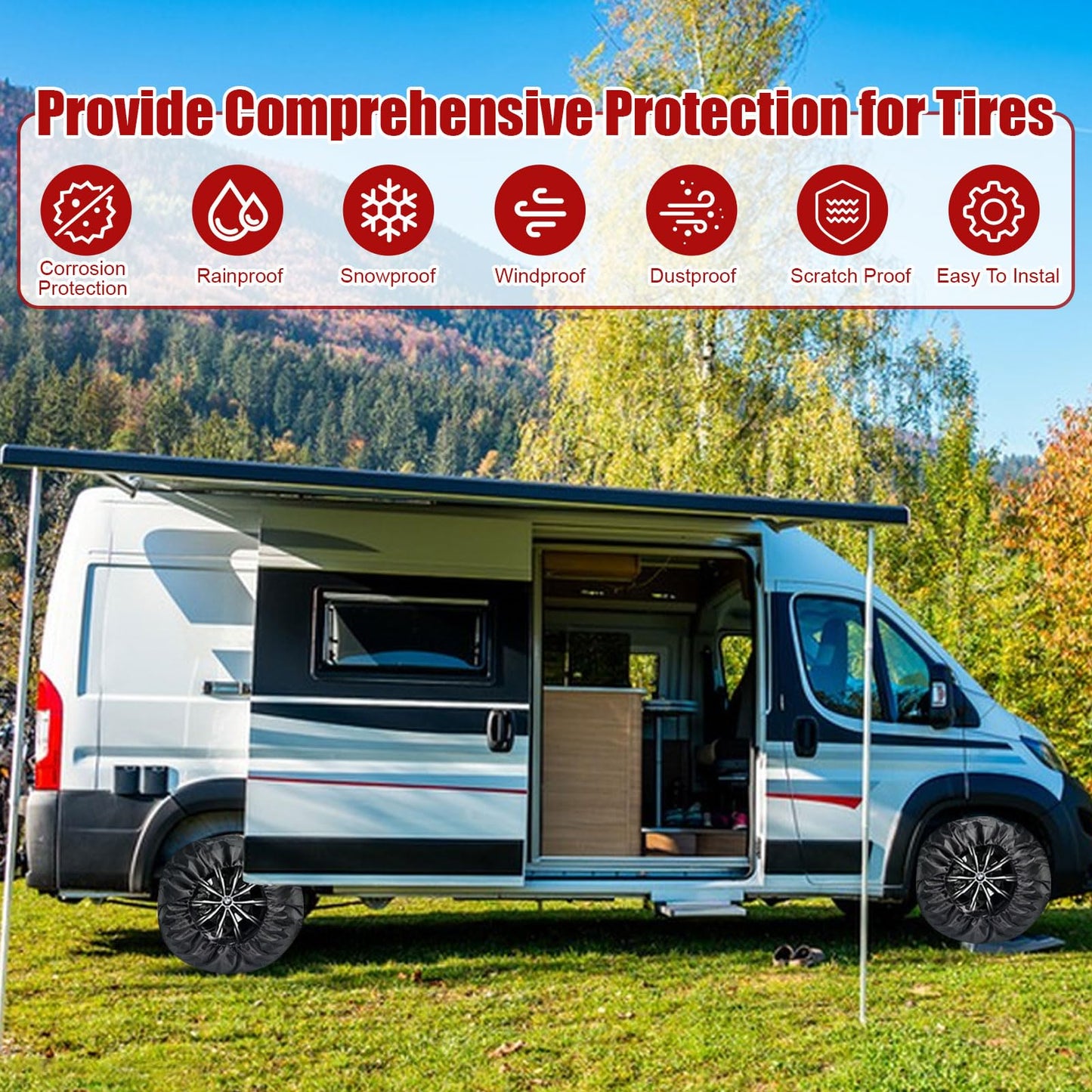 4PCS Tire Cover, Heavy Duty Outdoor Waterproof Dustproof Tire Wheel Protector for Trailer Tire Totes, Polyester Wheel Tires Storage Bags, Wheel Covers Fit for 19"-23" Tyres (Diameter 80cm)-Black/Red