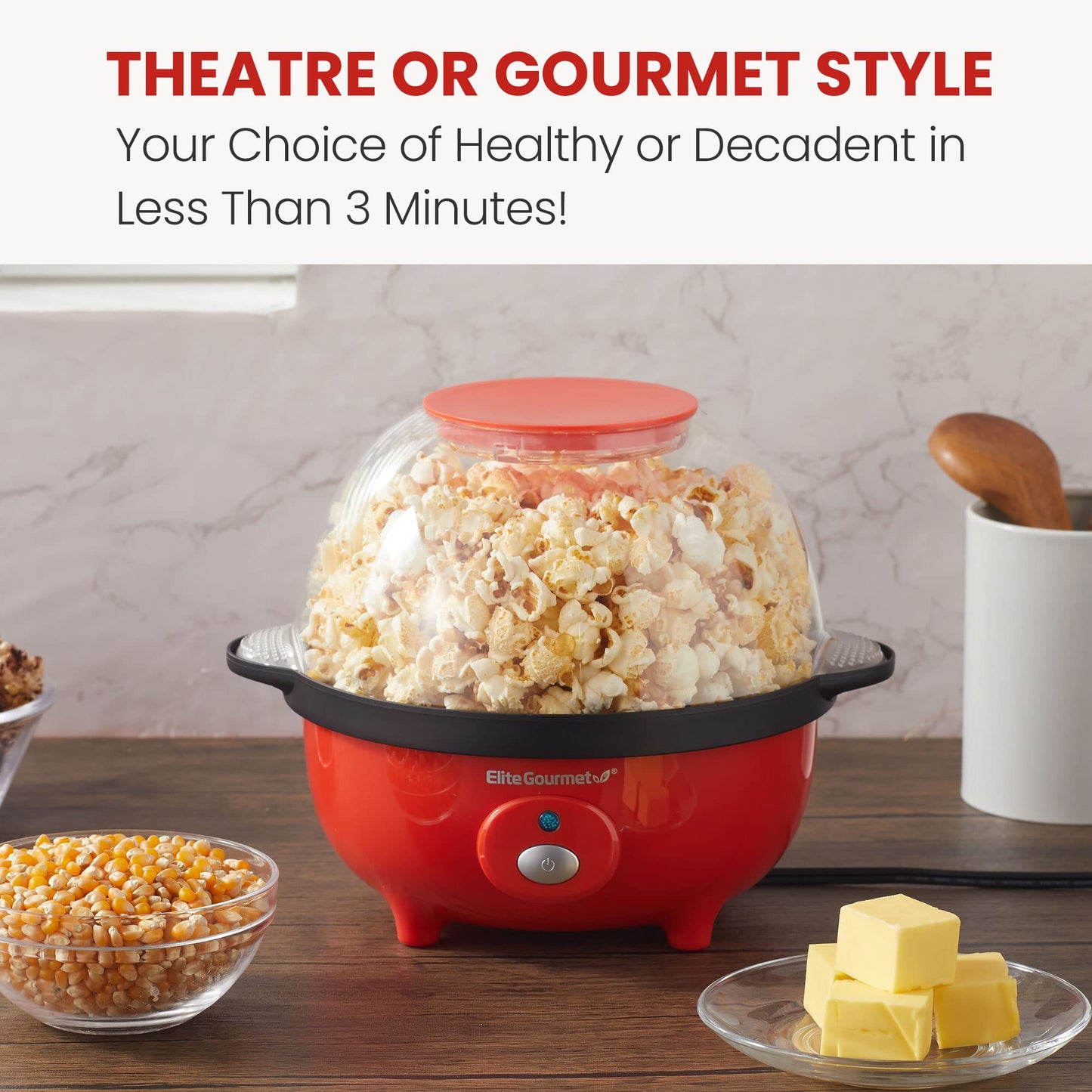 Elite Gourmet EPM330R Automatic Stirring Ceramic Nonstick 12-cup Popcorn Maker, Hot Oil Popcorn Machine w/Measuring Cap & Built-in Reversible Serving Bowl, Great for Home Party, ETL Approved, Red