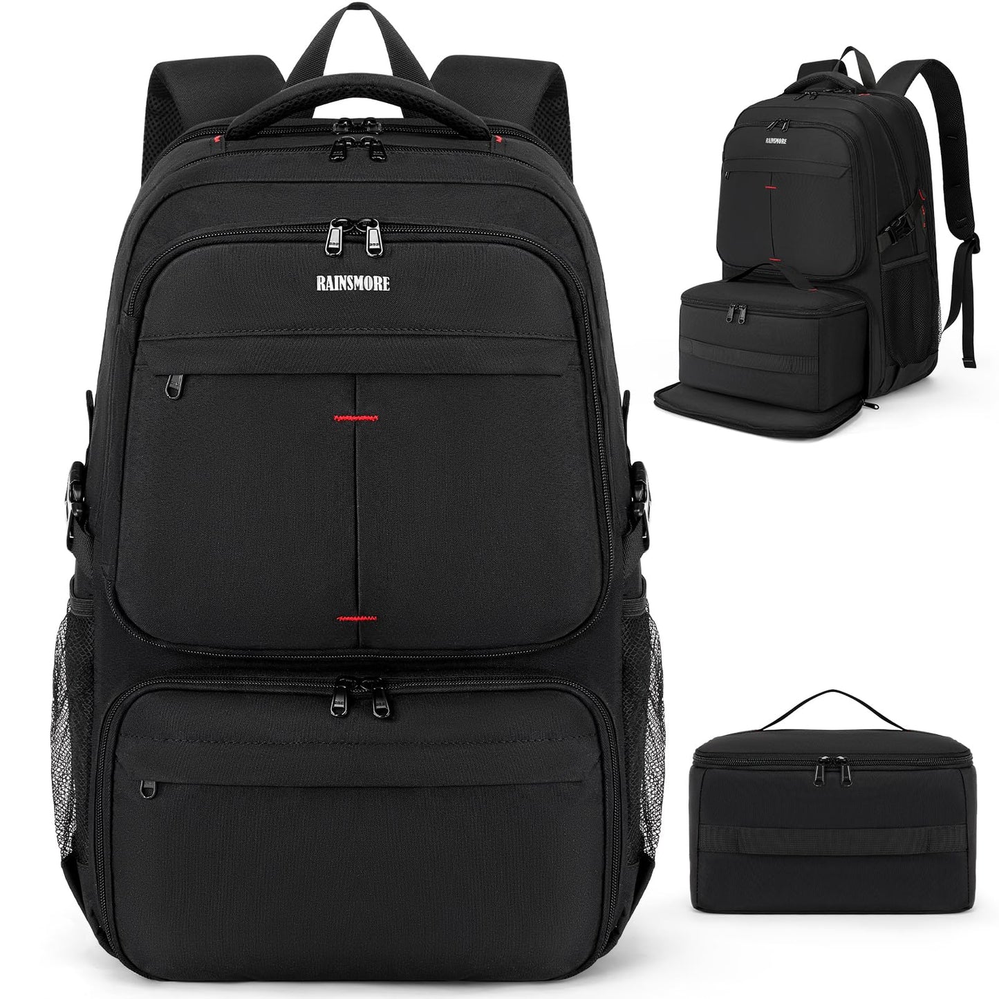 Lunch Backpack for Men, 17.3 Inch Laptop Backpack with USB Charging Port Waterproof Work Backpack with Insulated Lunch Bag for College School Business, Black