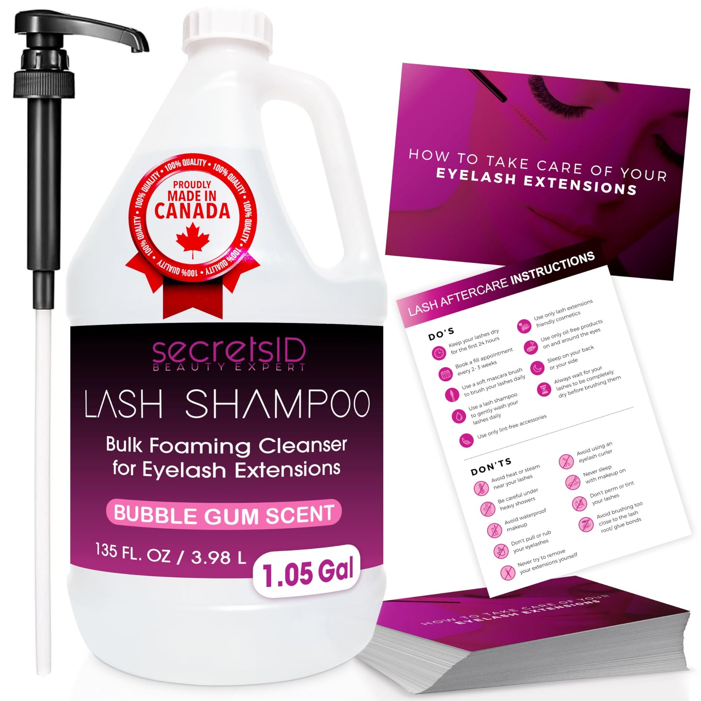 Professional Lash Shampoo for Extensions - 1.05 Gallon Bulk (3.98L) + 50 Aftercare Cards & Pump - Salon-Grade Eyelash Cleanser, Oil-Free, Bubble Gum Scent, Made in CANADA – Lash Wash Concentrate