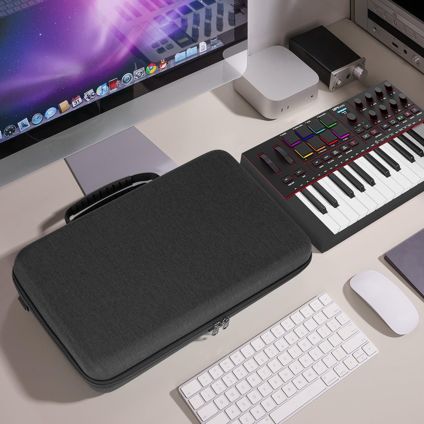 Geekria Audio Interface Carrying Case, Compatible with Akai Professional MPK Mini IV, EVA Hard Shell Portable Travel Bag (Dark Gray)