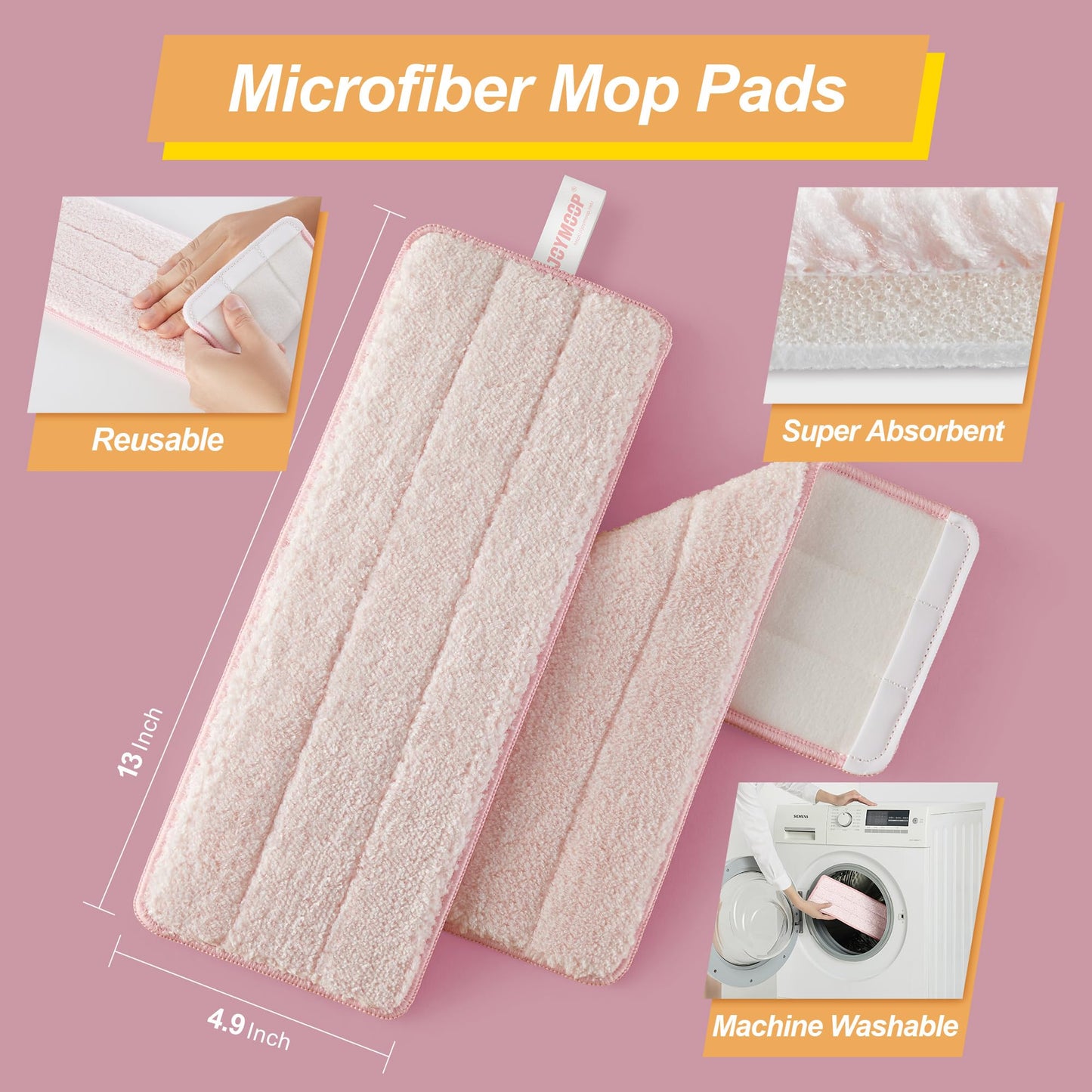 JOYMOOP Mop and Bucket with Wringer Set, Hands Free Flat Floor Mop and Bucket, 60" Mop with 5 Reusable Microfiber Pads, Wet and Dry Use, Floor Cleaning System - Pink