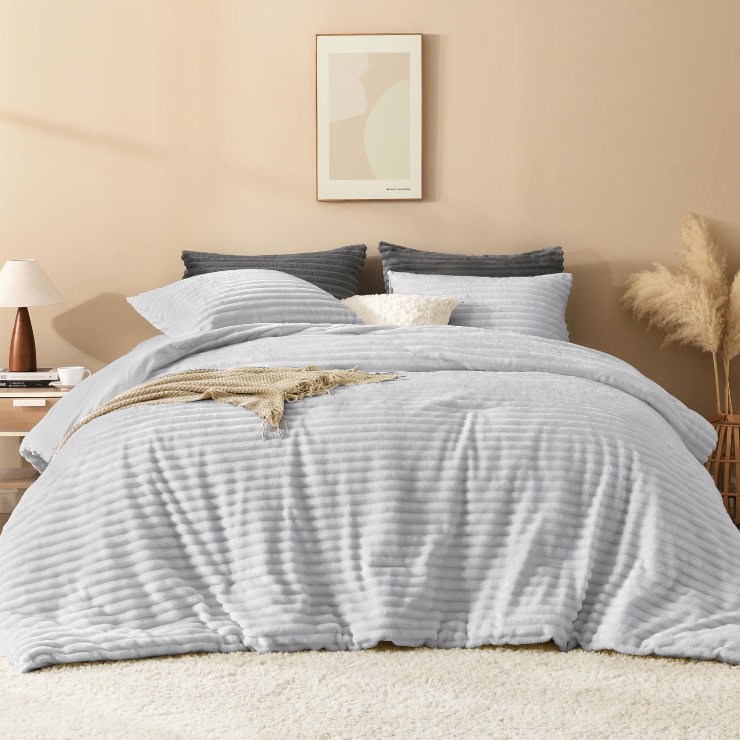 Andency Fleece Full Comforter Set, 3 Pieces Light Grey Comforter Set for Full Size Bed, Soft Warm Fluffy Fuzzy Bedding Set for Winter (1 Comforter & 2 Pillowcases)