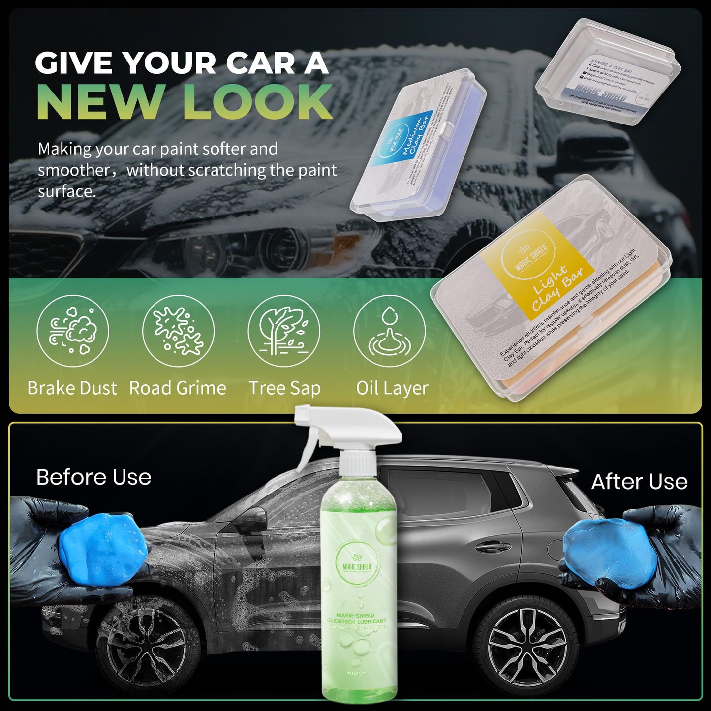Magic Shield Triple Clay Bar with Spray – 100g Light, Medium & Heavy Bars + GlideTech Lubricant Spray | Professional Auto Detailing, Deep Cleaning & Shine Restoration