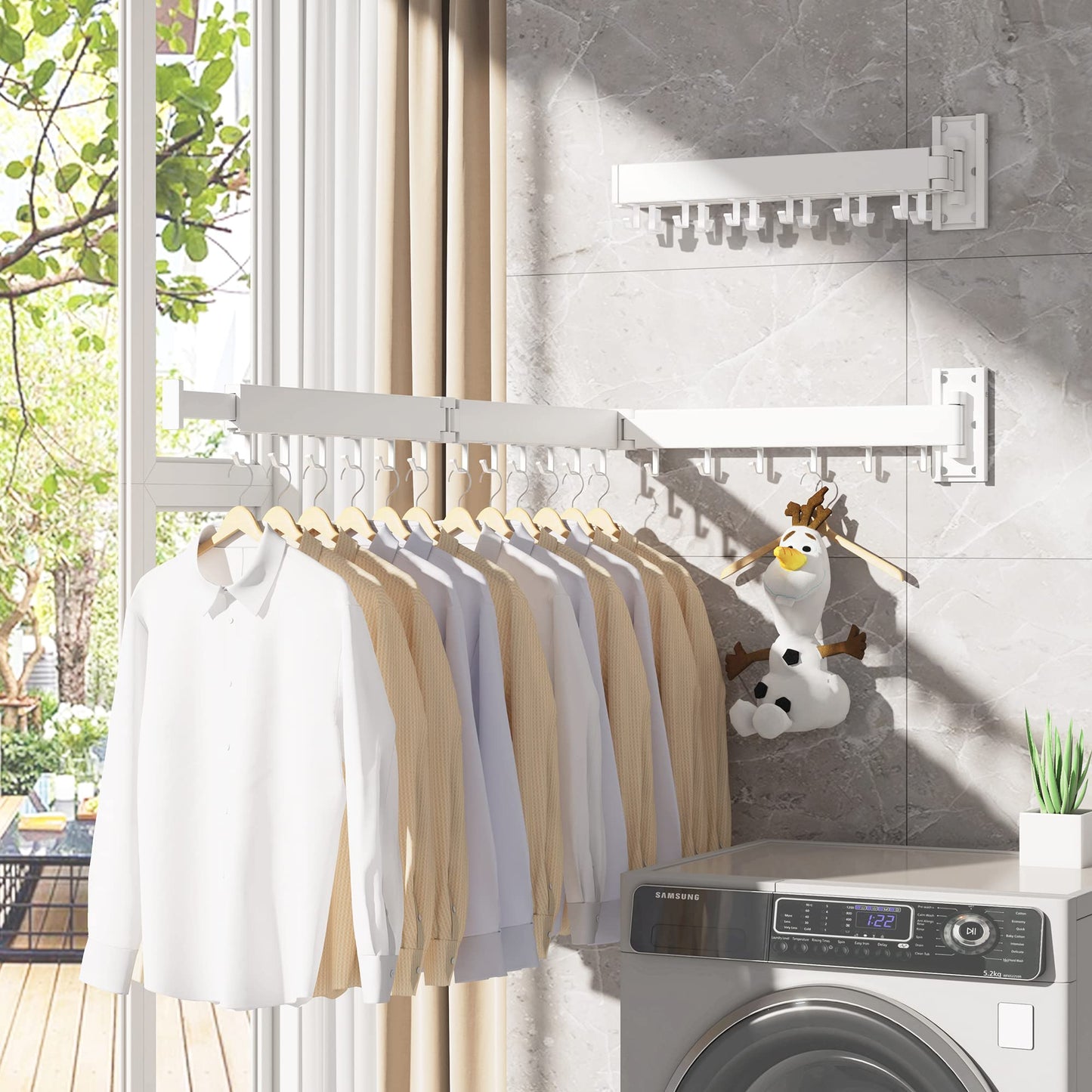 Clothes Drying Rack,Wall Mounted Drying Rack,Drying Rack Clothing,Laundry Drying Rack,Clothes Hanging Rack,Laundry Rack Wall Mount,Retractable,Collapsible Drying Rack Clothing (J Shape Hooks，White