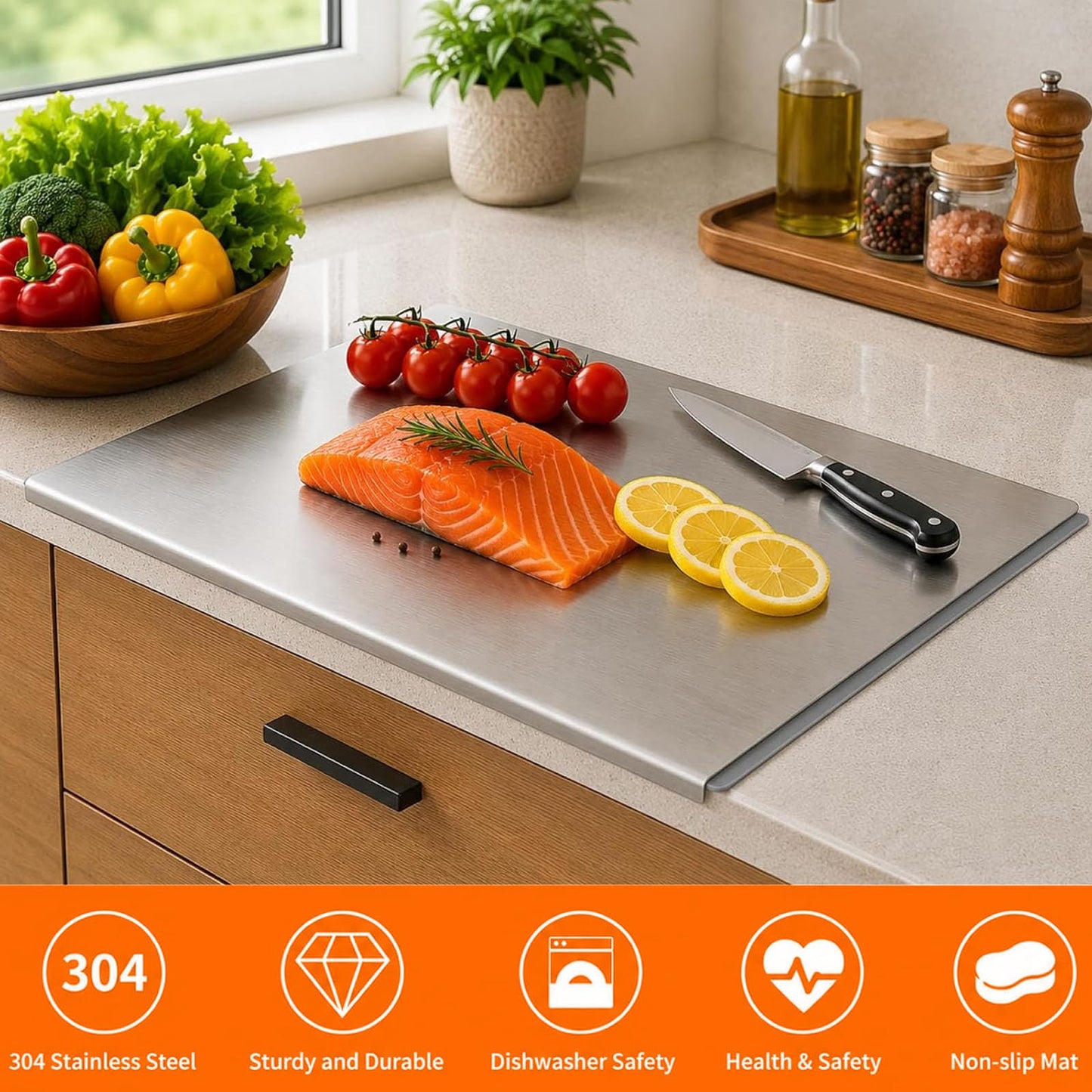 Stainless Steel Cutting Boards for Kitchen, 304 Stainless Chopping Board, Non-Slip Metal Cutting Board for Meat, Fruits, Vegetables, and Baking Food Grade Cutting Boards (40x50cm)