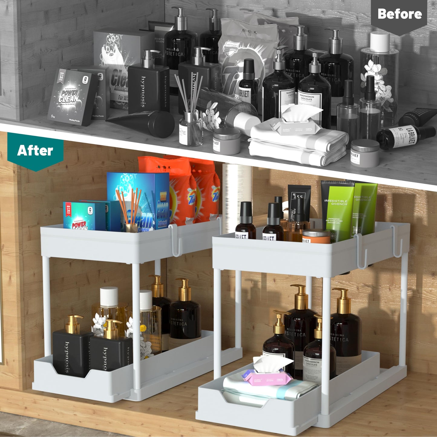 petisal 2-PACK Under Sink Organizers|Pull Out Cabinet Organizer|2 Tier Slide Out Sink Shelf Cabinet Storage Shelves For Under Kitchen Bathroom Sink Organizers and Storage.