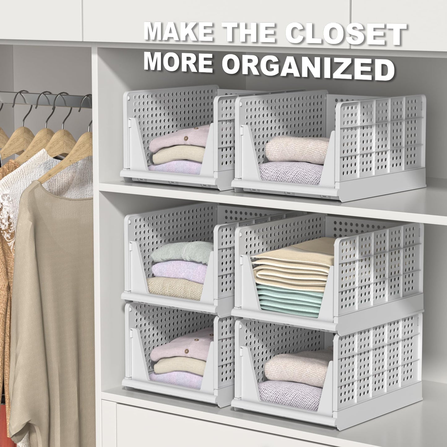 Stackable Plastic Storage Basket , Foldable Closet Organizers and Storage Bins, Drawer Organizer for Clothes, Storage Box for Wardrobe Kitchen Bathroom Office Dorm - 4 Pack XL