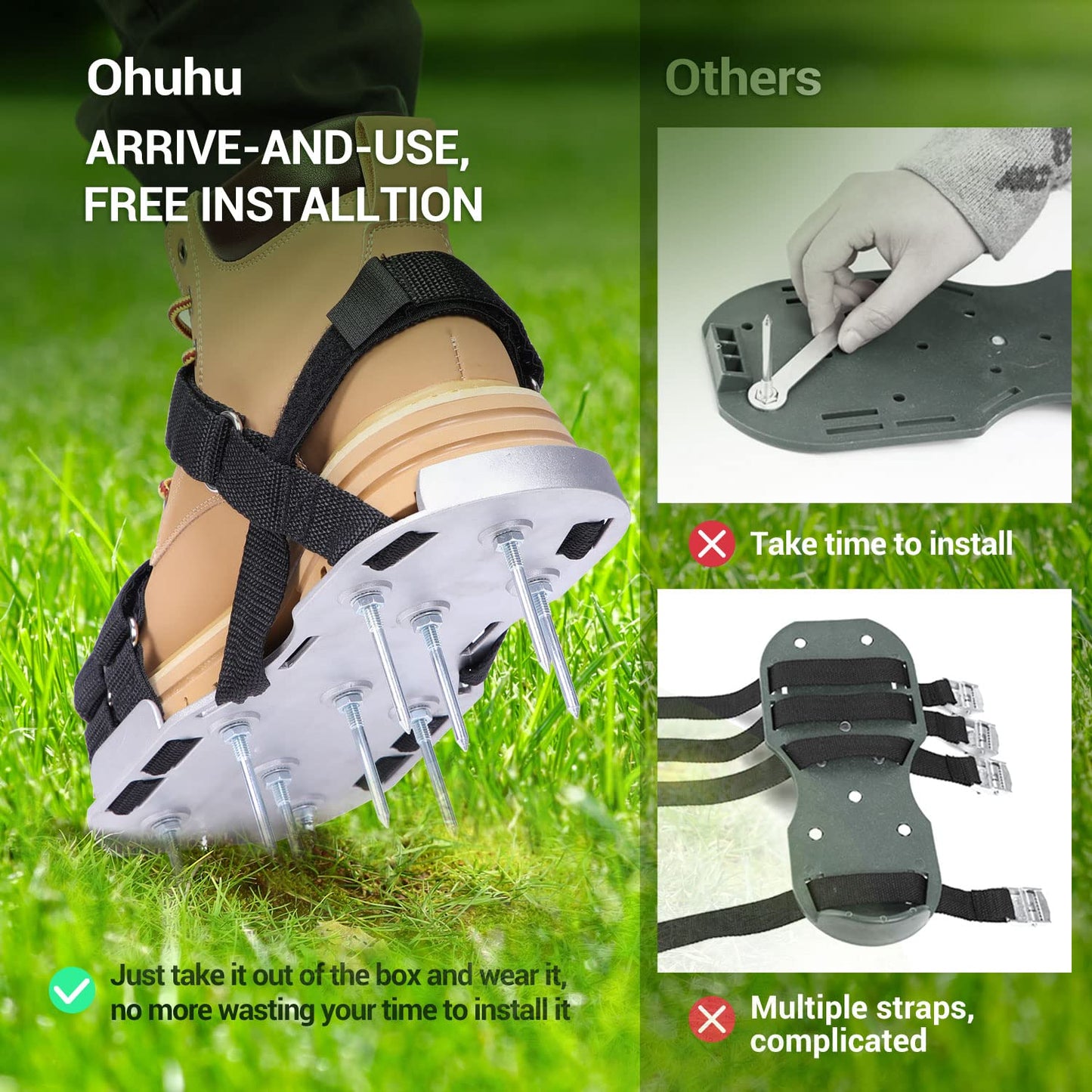 Ohuhu Metal Lawn Aerator Shoes, Upgraded Aerating Shoe with Durable Aluminum Sole, Free-Installation Spiked Aerating Sandals with Stainless Steel Shovel, One-Size-Fits-All for Yard Patio Garden Grass