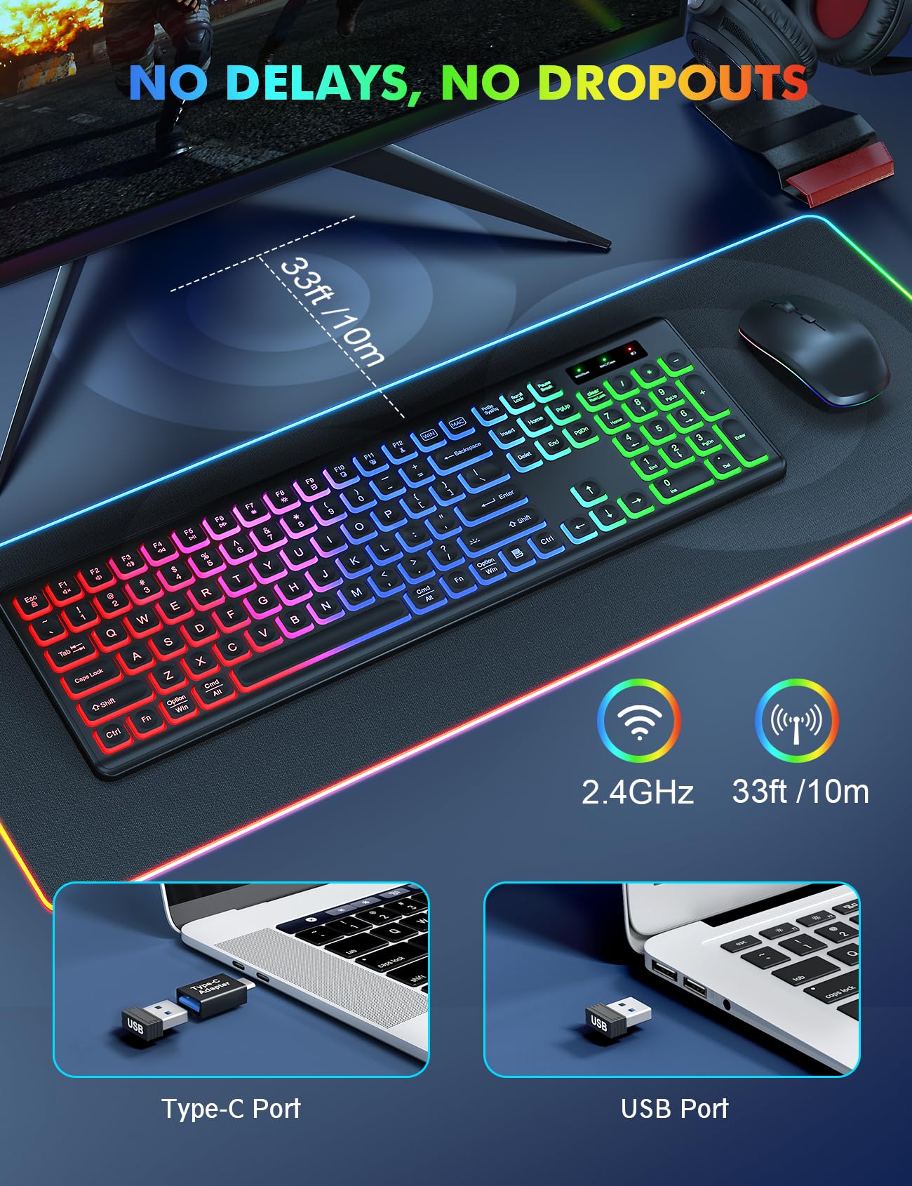 Wireless Keyboard and Mouse Combo - RGB Backlit, Rechargeable & Light Up Letters, Full-Size, Ergonomic Tilt Angle, Sleep Mode, 2.4GHz Quiet Keyboard Mouse for Mac, Windows, Laptop, PC, Trueque (Black)