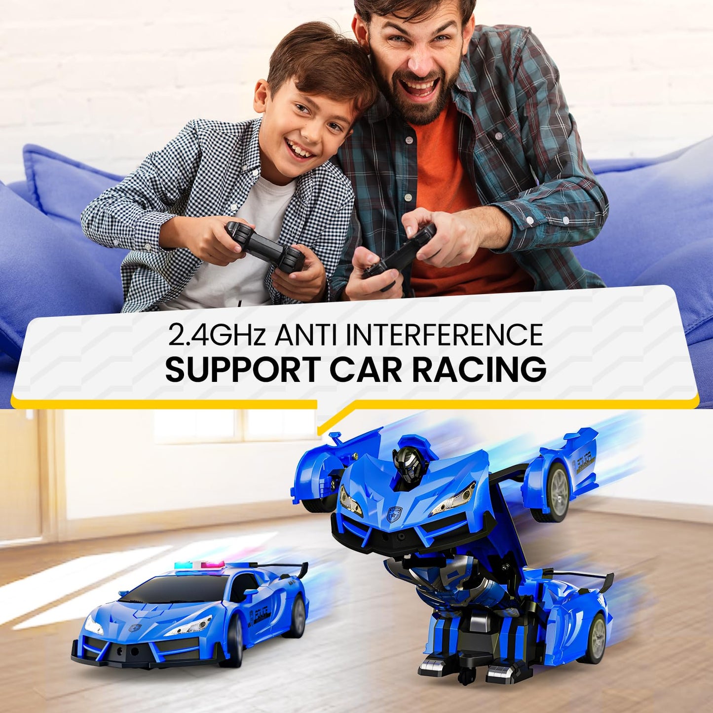 Tecnock Remote Control Car - Gesture Sensing, Transform Robot RC Cars for Kids, 2.4GHz One Button Transformation Robot Toy with LED Lights, Police Car Toy Gift for Age 8-12 Boys/Girls