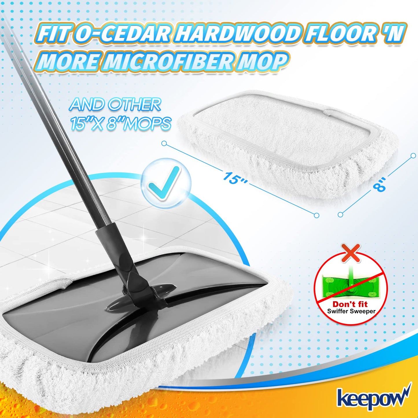 KEEPOW Reusable Mop Pads Compatible with O Cedar Hardwood Floor'N More Microfiber Mop, Mop Refill Heads Replacements for Wet and Dry Use, 15x8 Inch, 6 Pack