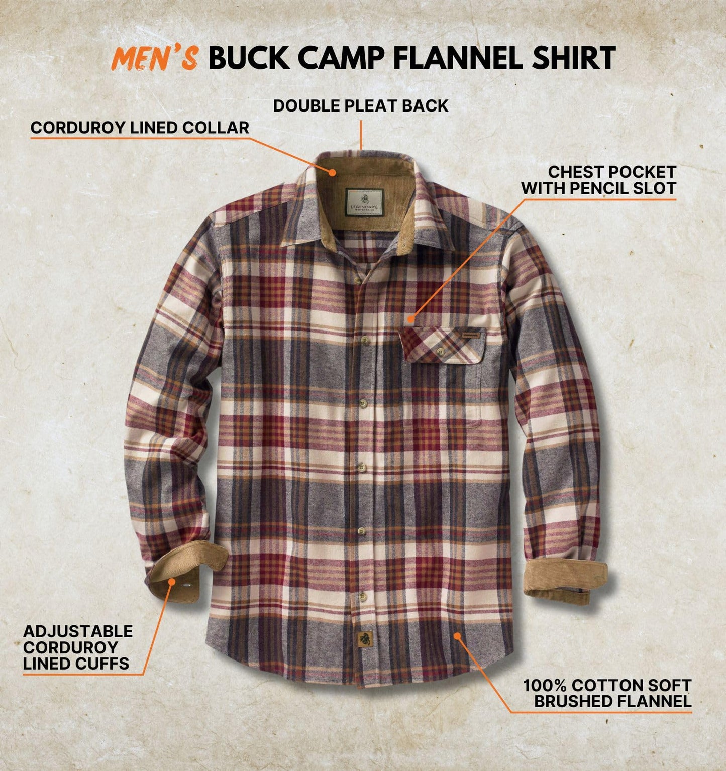 Legendary Whitetails Men's Buck Buck Camp Flannel Shirt, Long Sleeve Plaid Button Down Casual Shirt for Men, with Corduroy Cuffs, Fall & Winter Clothing, Cedarwood Plaid, XX-Large