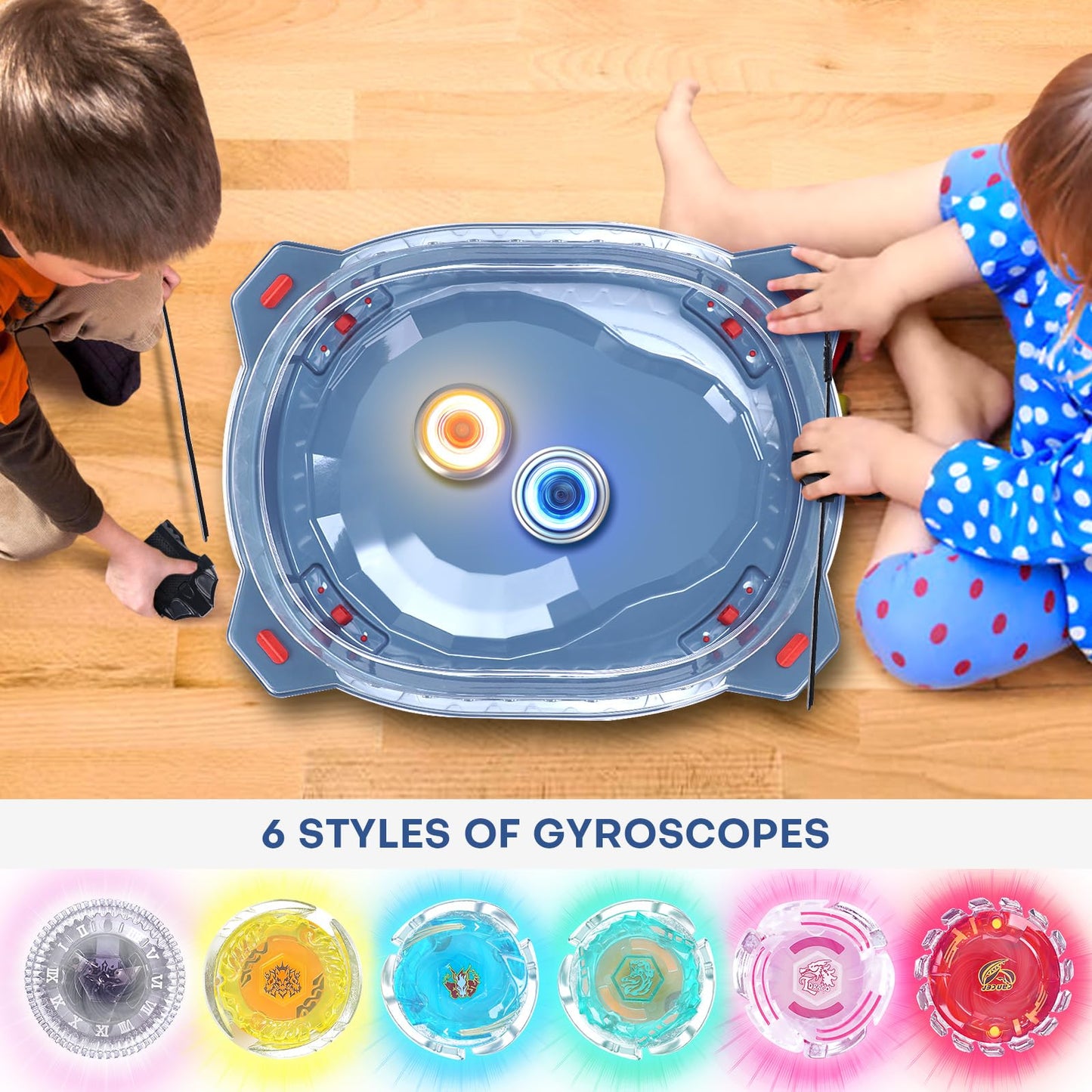 BUPASAK Light Ignite Spinning Tops Battle Set, with Stadium, 6 Light Ignite Spinning Tops, and 2 Launchers, Toys for 6 Year Old Boys & Girls & Up (Amazon Exclusive)