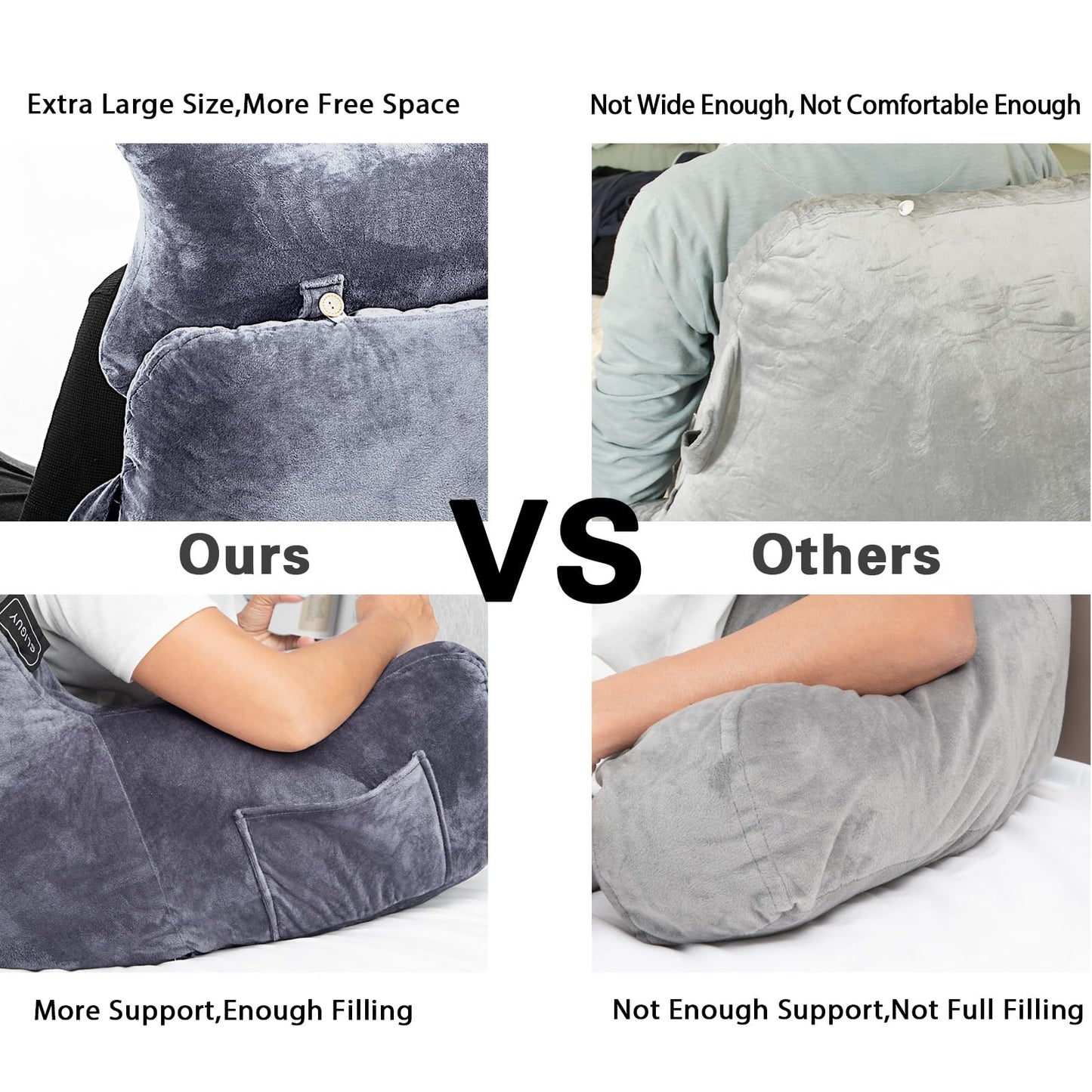 SLIGUY Reading Pillow for Sitting in Bed Couch Adult, Back Pillow with arm Support and Pockets, Adult Back Pillow Bed Chair for Bed Rest, Reading, Watching TV, Gaming for Boys and Girls Dark Grey