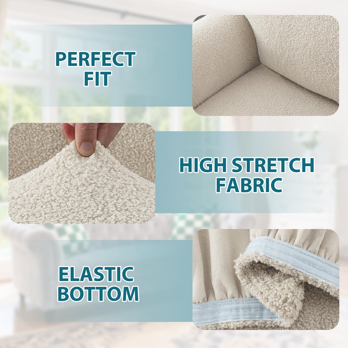 Turquoize Teddy Fleece Sofa Covers with Waterproof Seat Couch Cover 1 Piece Stretch Sofa Slipcover with Elastic Bottom Furniture Protector for Kids, Pets, Dog 3 seat (Seat Width 58"-66"), Cream