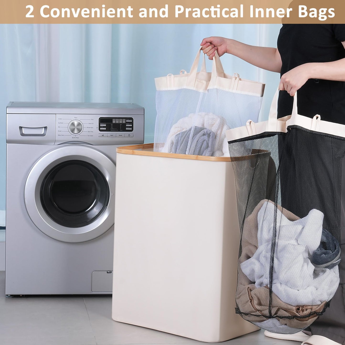 iEGrow 150L Laundry Basket with Lid, Large Laundry Hamper with Bamboo Handle, Collapsible Dirty Clothes Hamper Organizer with Removable Inner Bag for Clothes Toys Towels,Beige