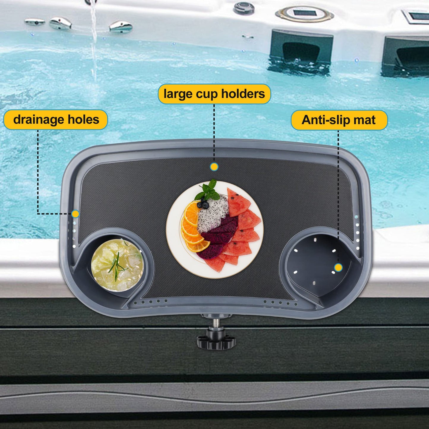 Hot Tub Tray, Adjustable Spa Table Tray with 2 Cup Holders, Spa with Wall Thickness of 2'' to 6.5'', Nonslip Heavy-Duty Shelf for Aboveground Bathtub, Spa Accessory
