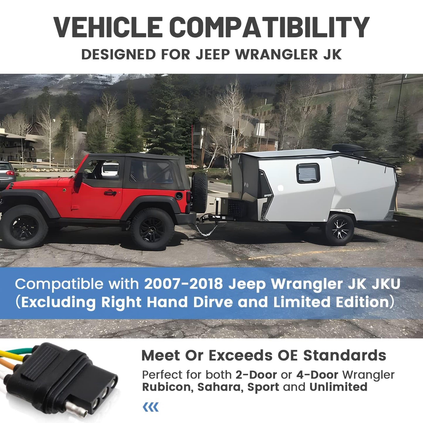 MECMO 4-Pin Trailer Wiring Harness for Jeep Wrangler JK JKU 2007-2018, Tow Hitch Wiring for Rubicon Sahara Sport Unlimited 2-Door 4-Door Trailer Light Connect Custom 4 Way Plug and Play T-Connector